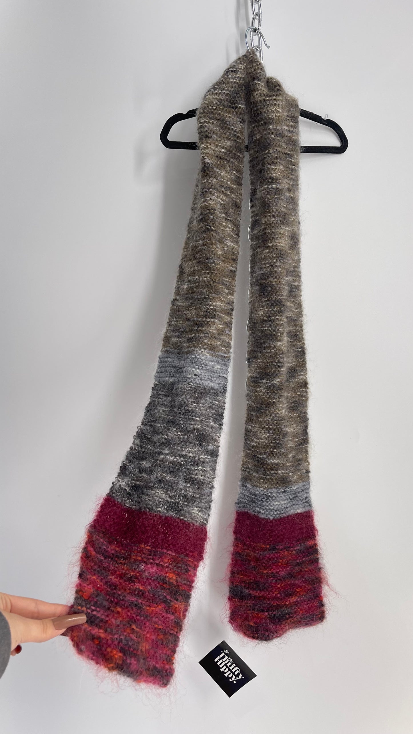 Vintage Hand Knit Grey Fuchsia Skinny Scarf