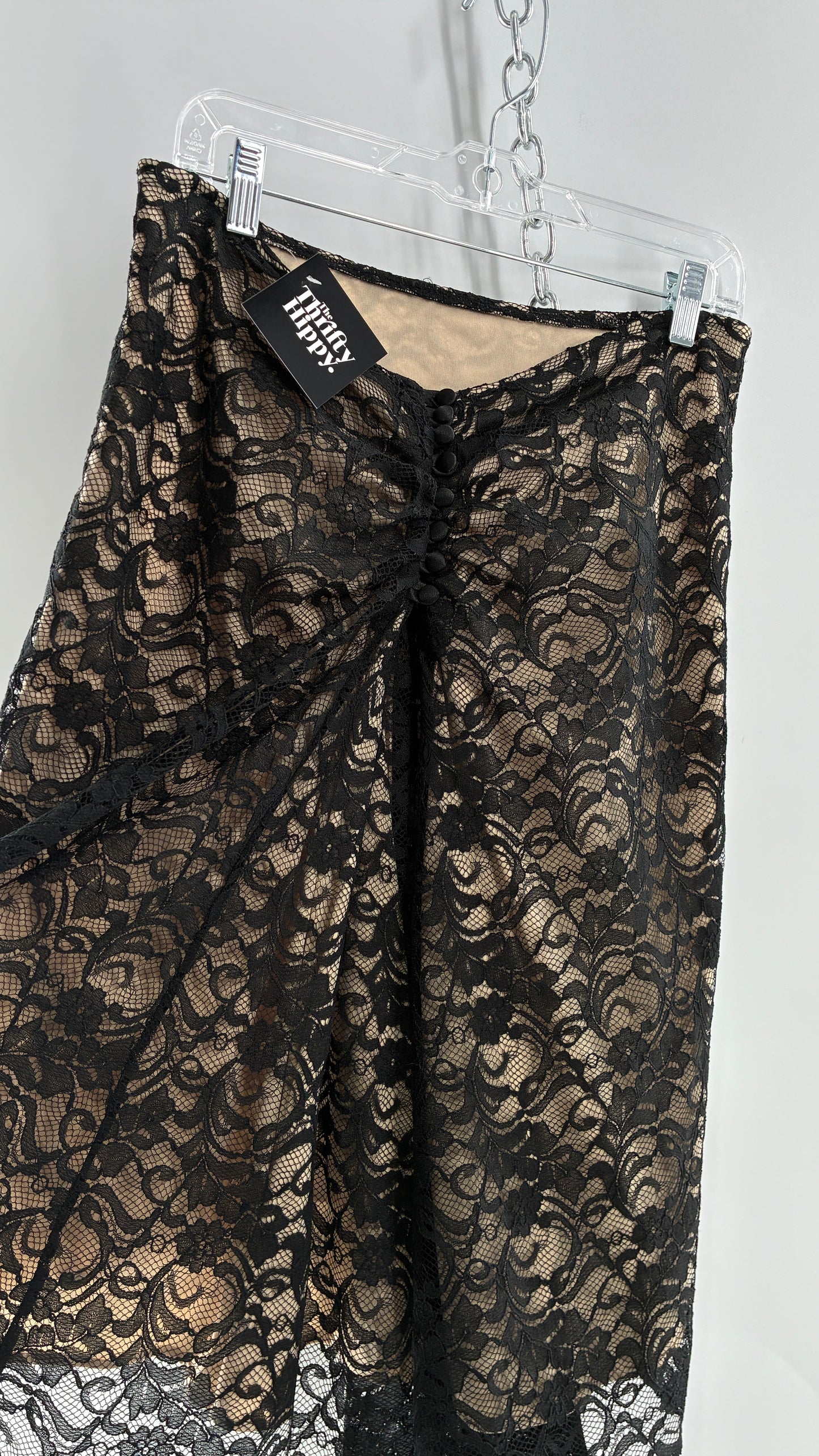Vintage HEART MOON STARS Black Lace Overlay + Nude Underlay Skirt with Low Wired Back, Ruched Bum, and Button Down Back(8)
