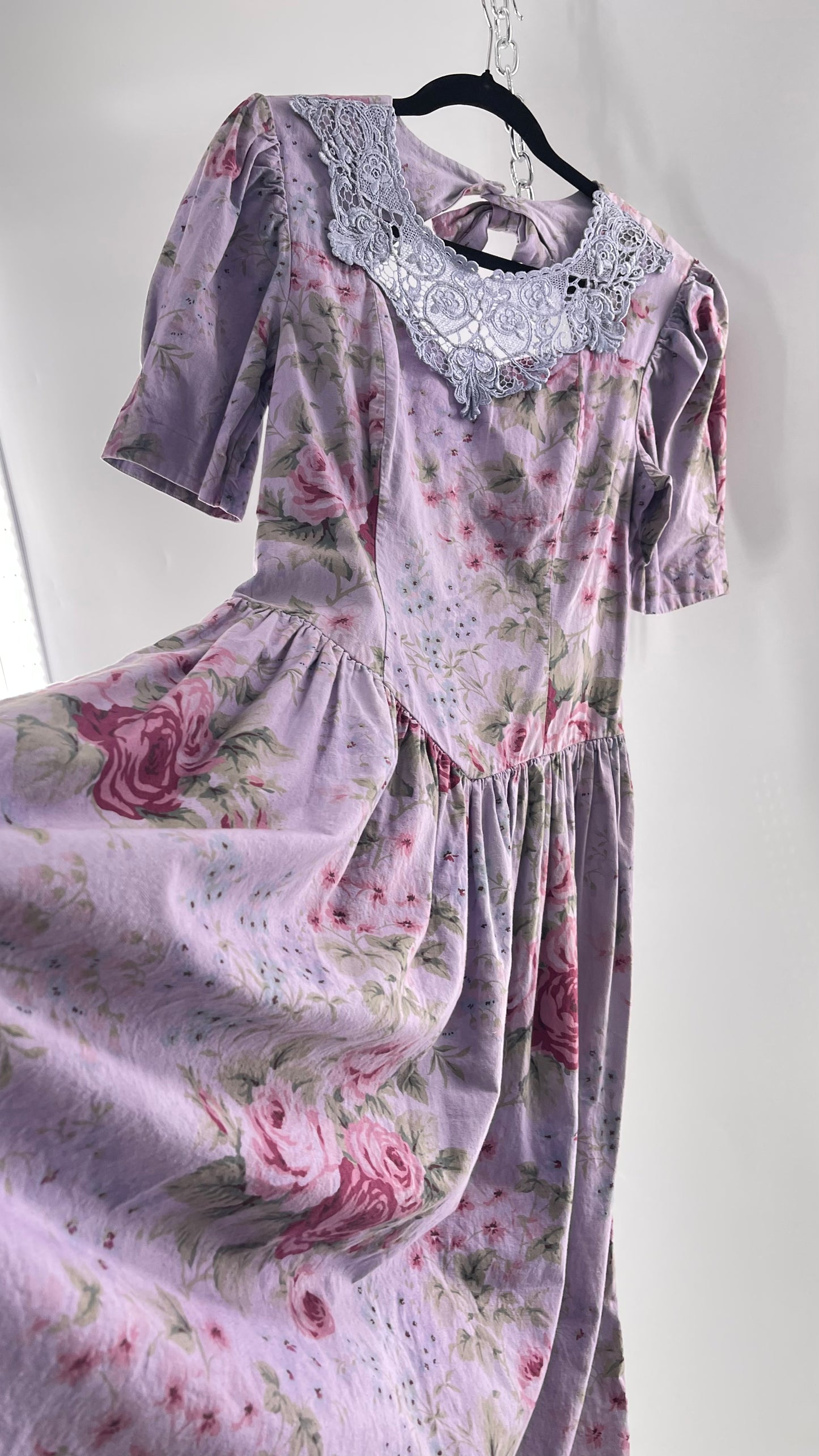 Vintage Urban Renewal Reworked and Upcycled Misty Lane Lilac/Lavender Floral Fit/Flare Dress with Sweetheart Neckline, Lace Detail and Bow Adorned Open Back (11/12)