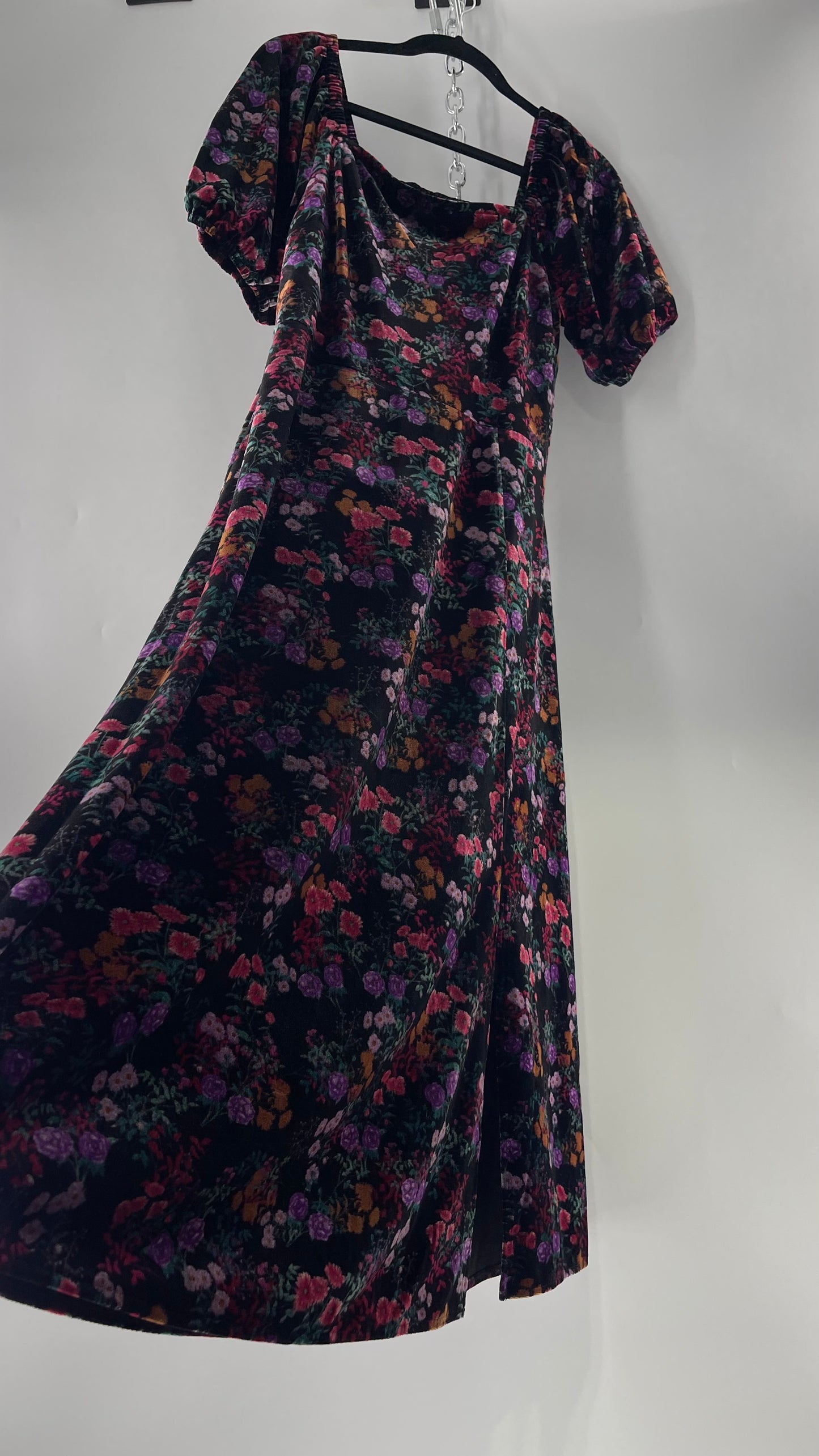 LOFT Velvet Dark Floral Full Length Dress with Puff Sleeves and Smocked Back with Tags Attached (8)