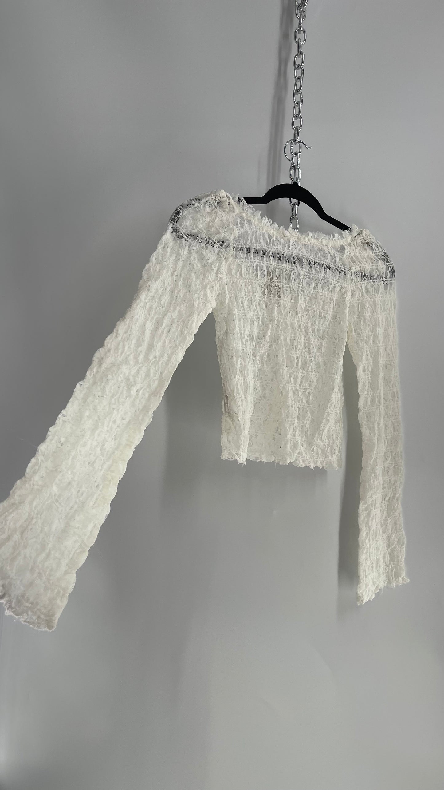 Free People White Smocked Lace Long Sleeve with Eyelet Closure (Small)