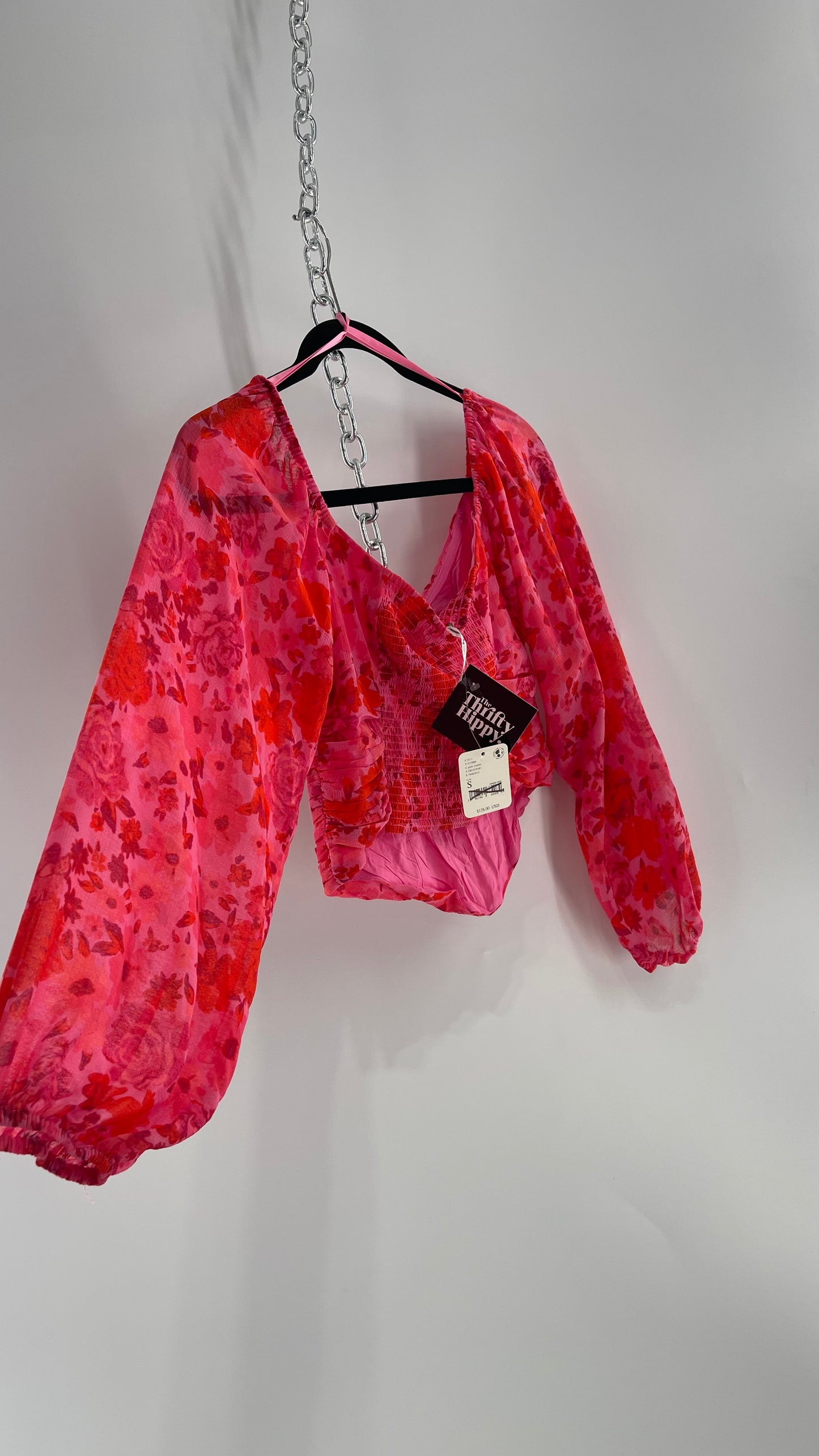Free People Cropped Floral Blouse with Ruched Body, Balloon Sleeves and Appliqué Rosette Bustline with Tags Attached (Small)