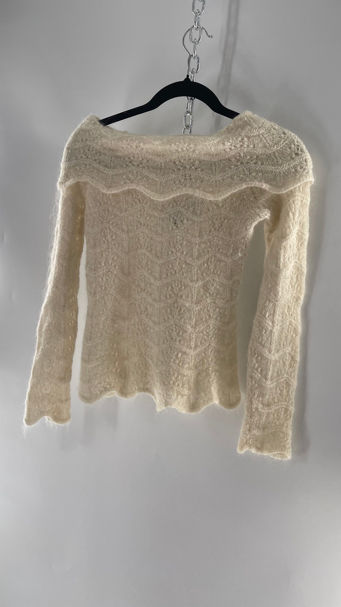 Vintage Ivory Off White Lace Knit Off the Shoulder Sweater Top (Medium)