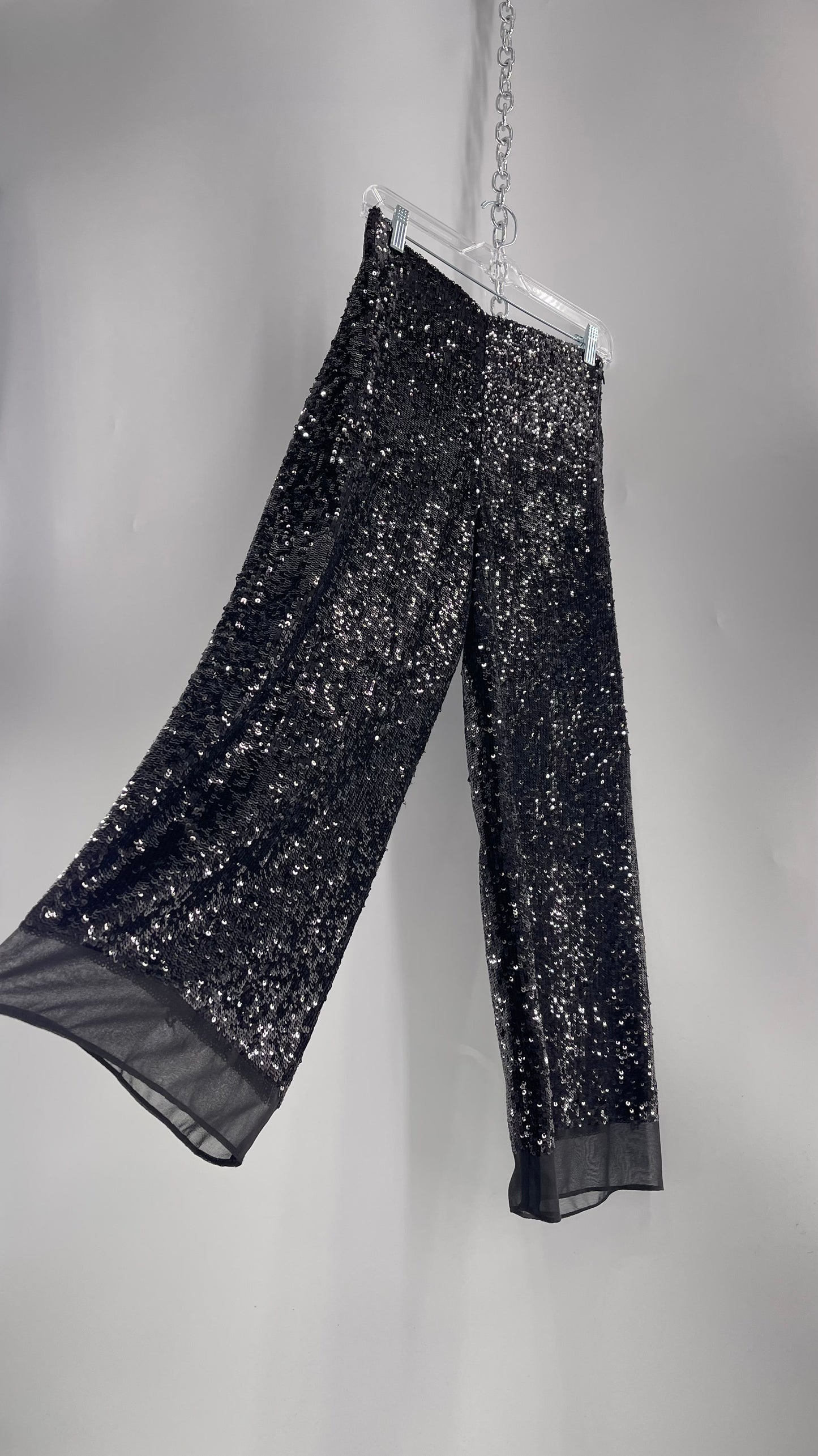 ZARA STUDIO Black Sequin Pijama Trouser with Chiffon Hem and Ribbon Lined Waist (Medium)