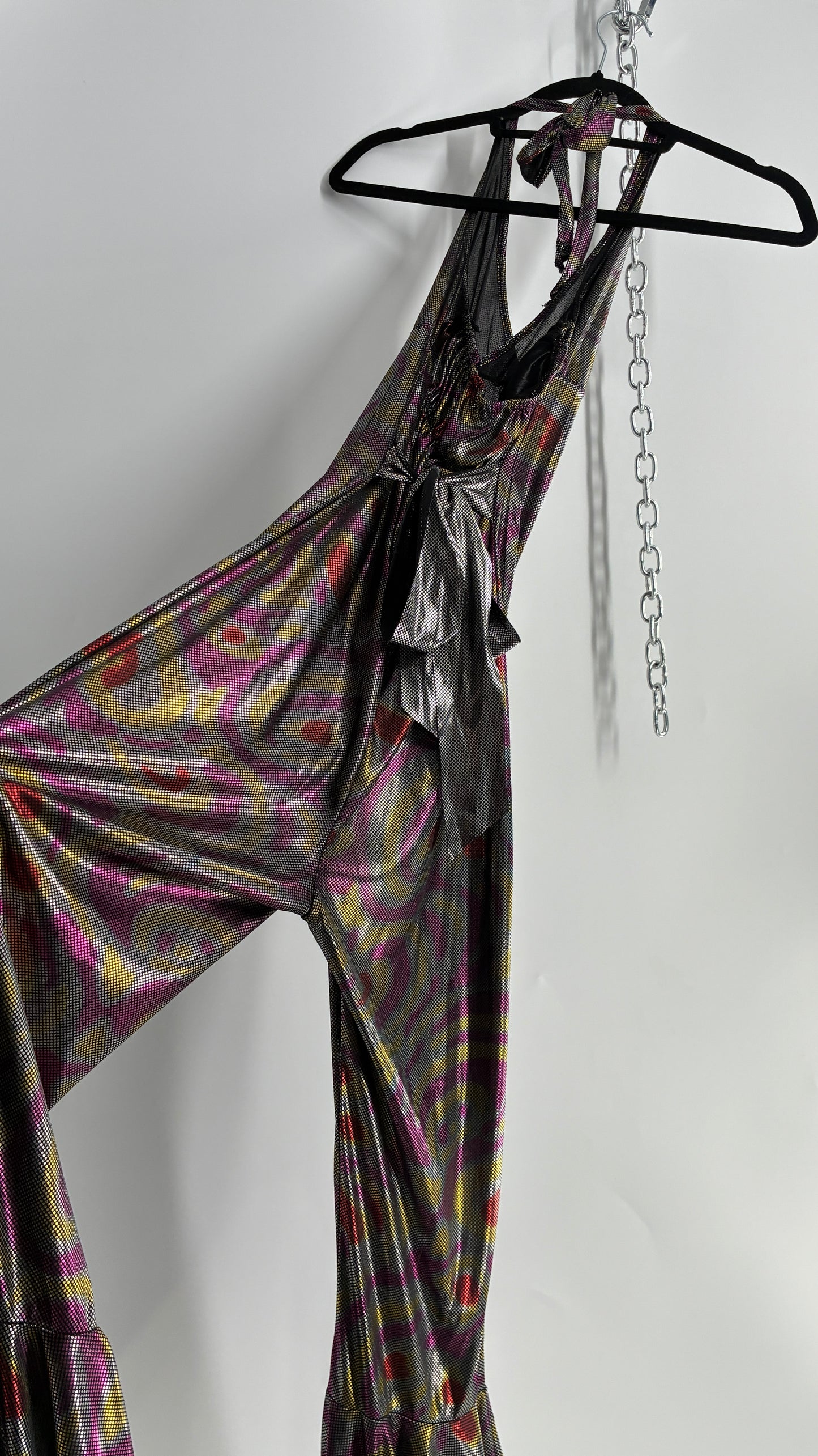 1970s Style Bell Bottom Psychedelic Metallic Jumpsuit with Waist Cinching Back Ties (S/M)