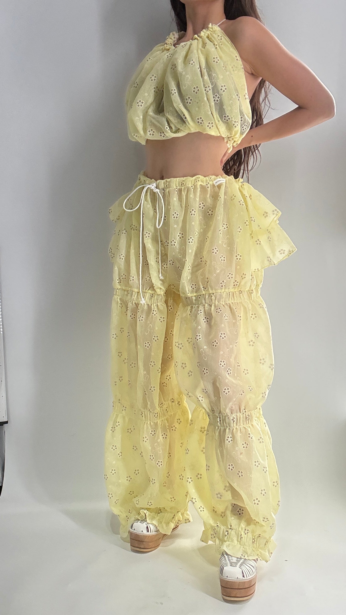 Vintage Handmade 2pc Baby Yellow Set with Tiered Pants, Ruffled Bum, and Floral Eyelet Pattern (XS-M)