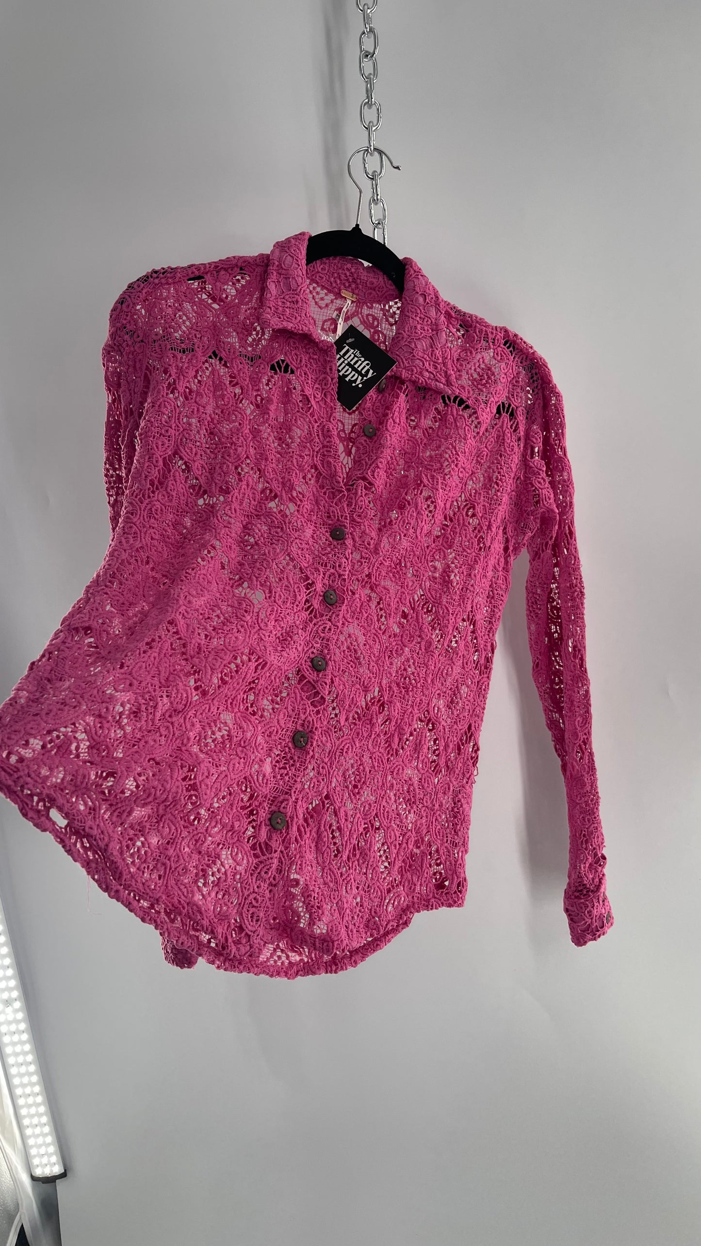 Free People Until Sunday Fuchsia Purple/ Pink Thick Lace Button Front Blouse with Coconut Buttons (XS)