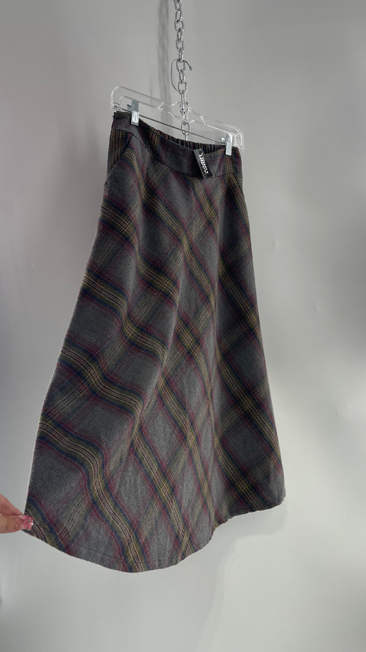 Vintage Gray Plaid Knit Full Length Skirt (Small/28 Waist)