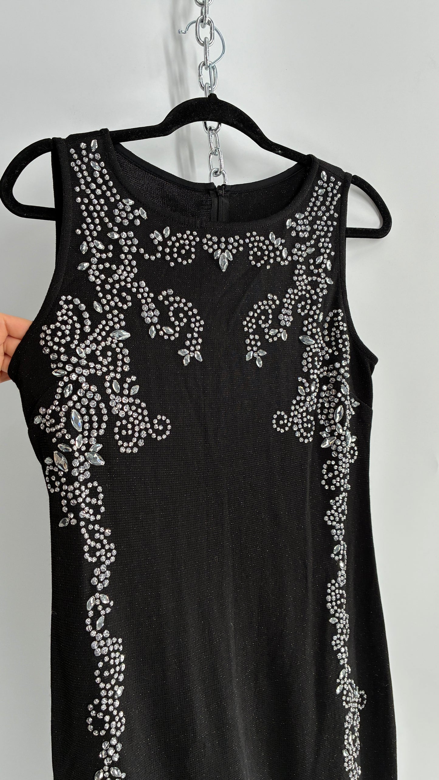 Vintage ST JOHN Black Metallic Wool Knit Dress with Silk Blend Lining and Rhinestone Embellishments (6)