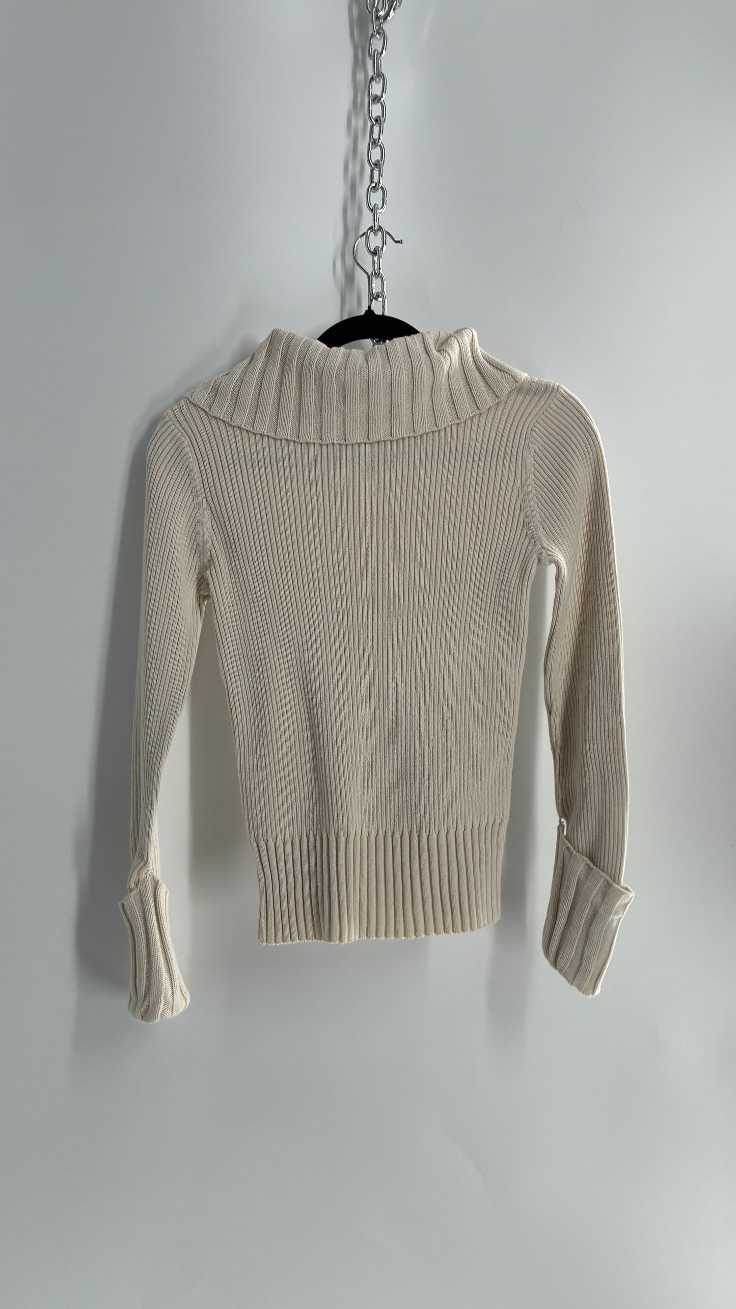Vintage 1990s DKNY Off White Thick Ribbed Long Sleeve with Fold Over Wrists and Neckline (Medium)