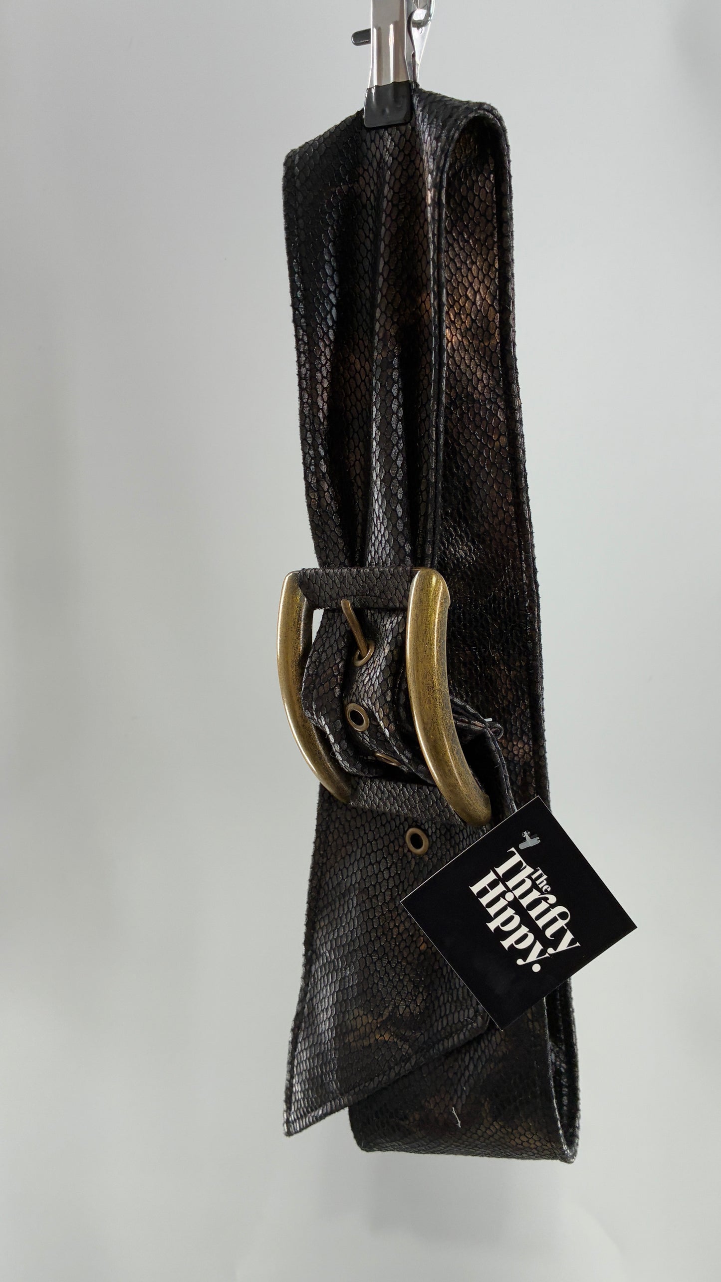 Vintage Snake Skin Patterned Wide Belt with Gold Brass Oversized Buckle (Large)