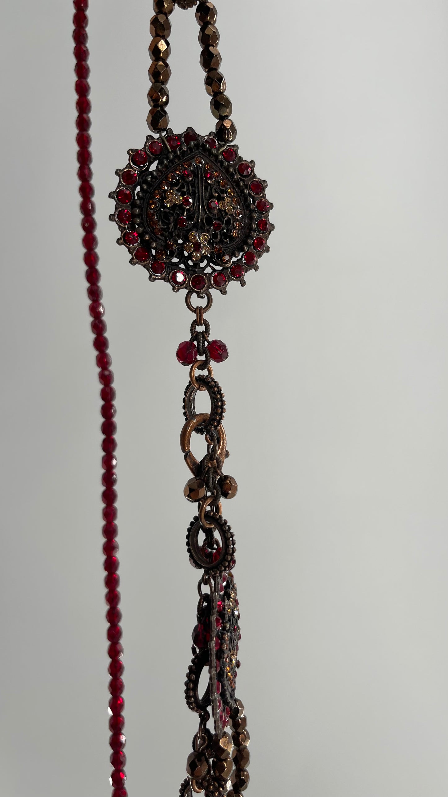 Vintage Crimson Red, BeadedWaist Chain Belt with Stone and Embossed Medallion Details