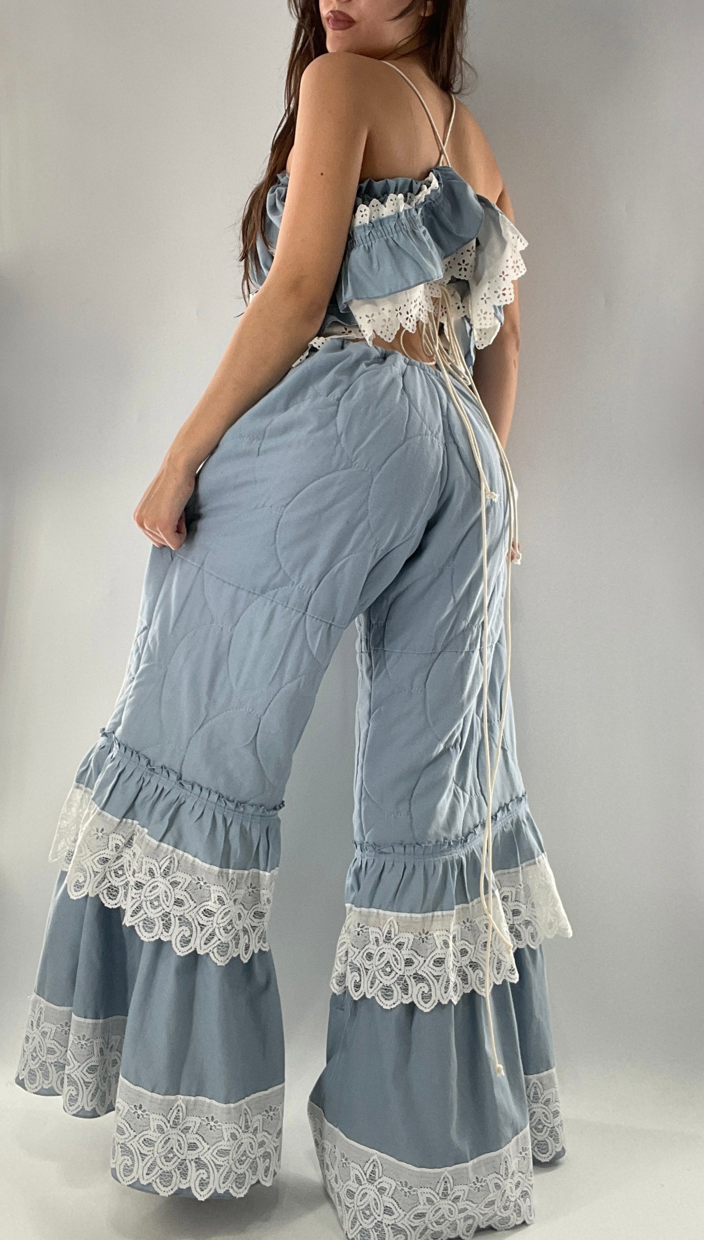 Vintage 2 Piece Powder Blue Set Featuring 2Way Blouse and Quilted Trousers Covered in Ruffles, Lace and Trim (One Size)