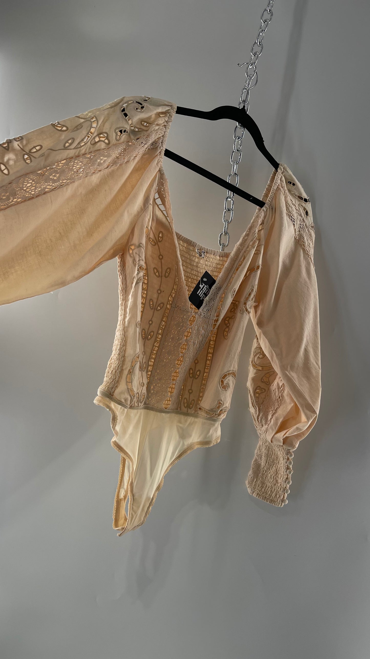 Free People Off White Cotton Bodysuit with Embroidered Lace Balloon Bishop Sleeve and Smocked, Buttoned Cuffs (Large)