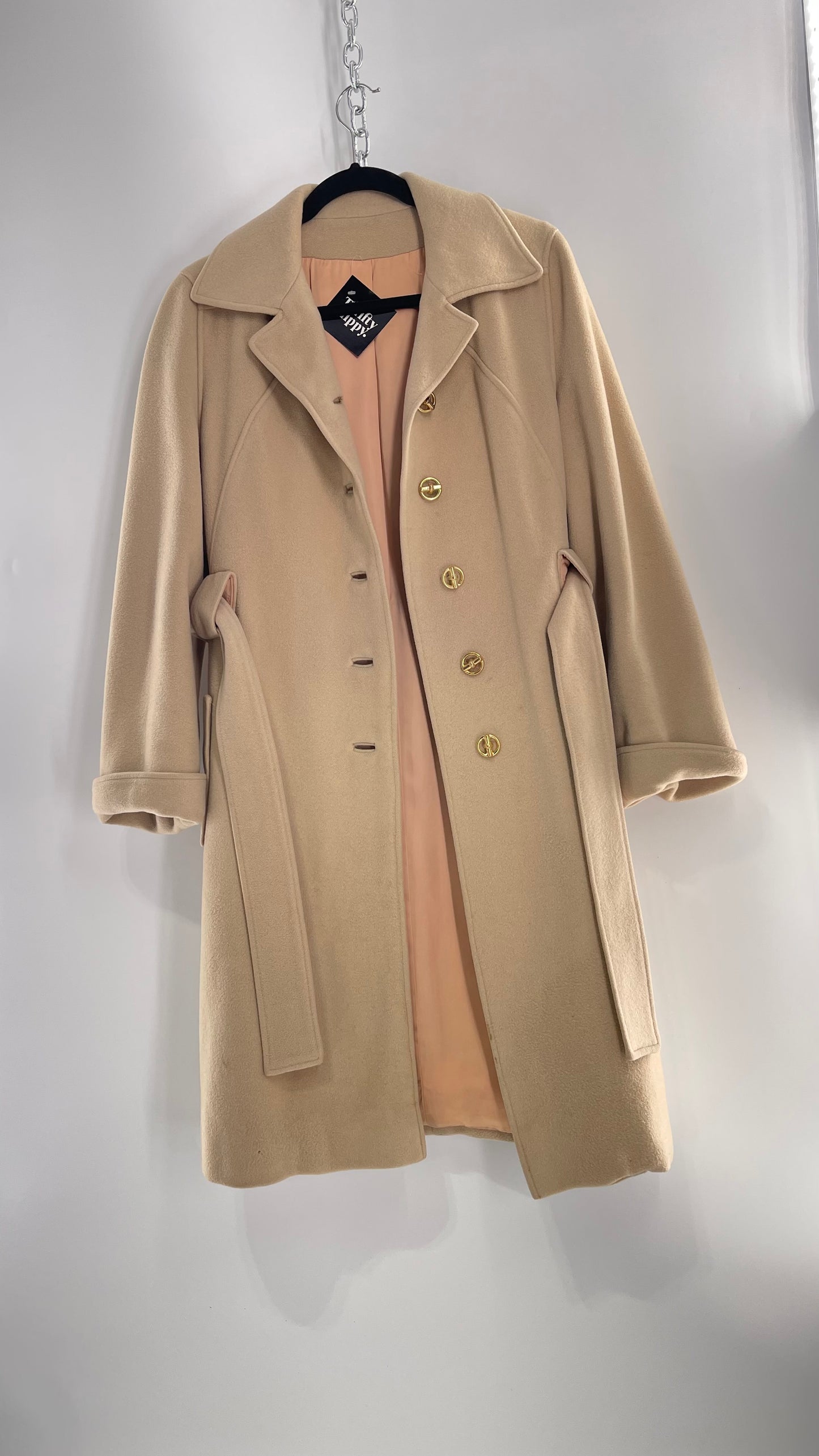 Vintage 100% Amicale Cashmere Beige Cream Coat with Apricot Satin Lining (C) (S/M)
