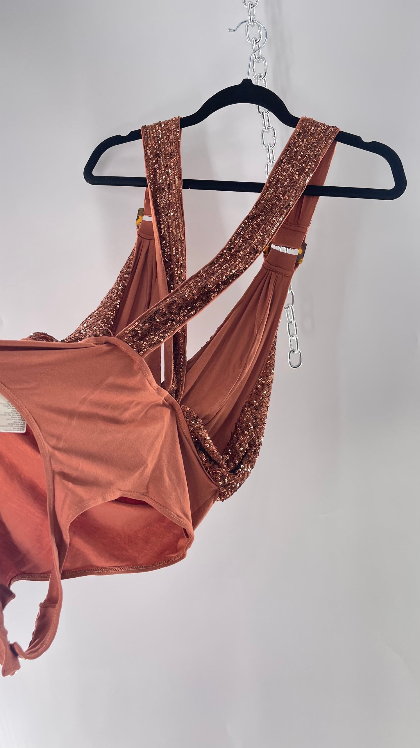 Free People Copper Sequin Draping Bodysuit with Tortoise Shell Buckle Detail (Medium)