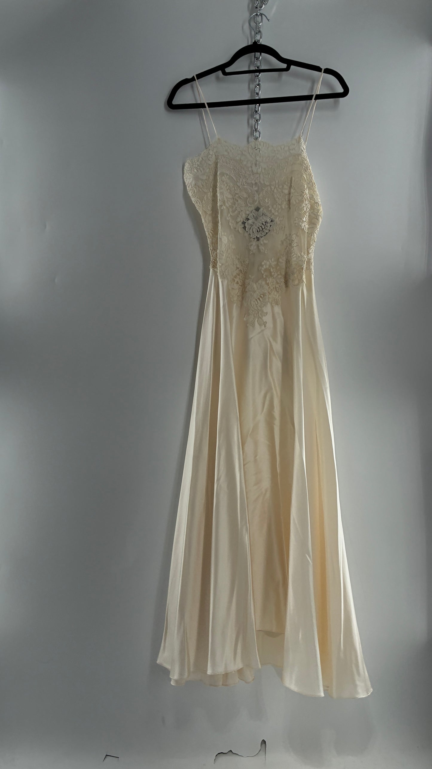 Vintage JONQUIL 100% Silk Gown with Heavy Lace Appliqués and Low Cut Sheer Back (Medium)