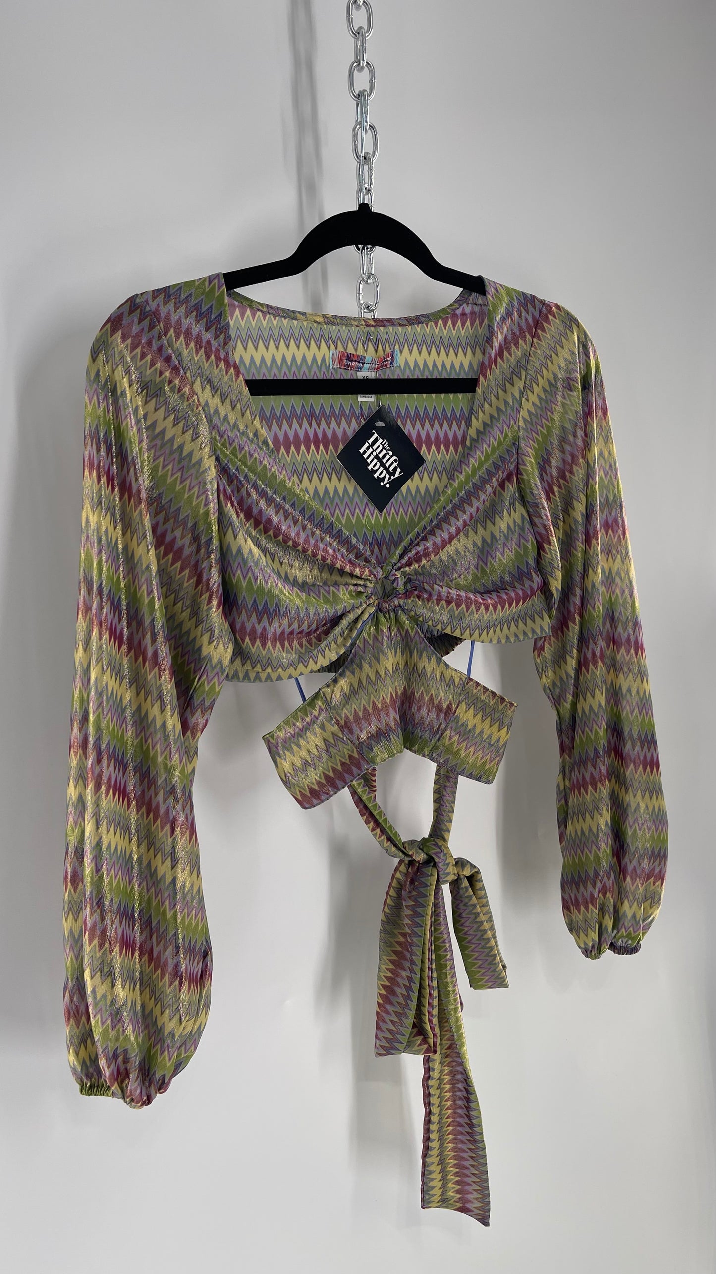 Urban Outfitters Shimmer Top Balloon Sleeve Green Purple Retro Print Cut Out Tie Around Blouse (XS)