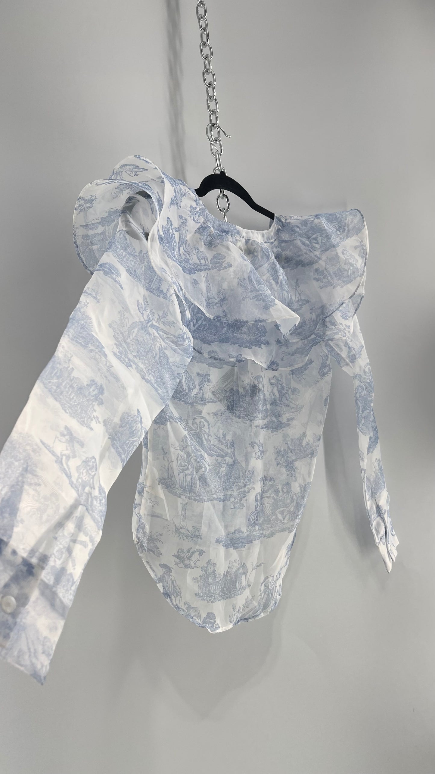 Laura Ashley Urban Outfitters Voile Sheer Ruffled Shoulder Button Up with Blue Vintage Print (XS)