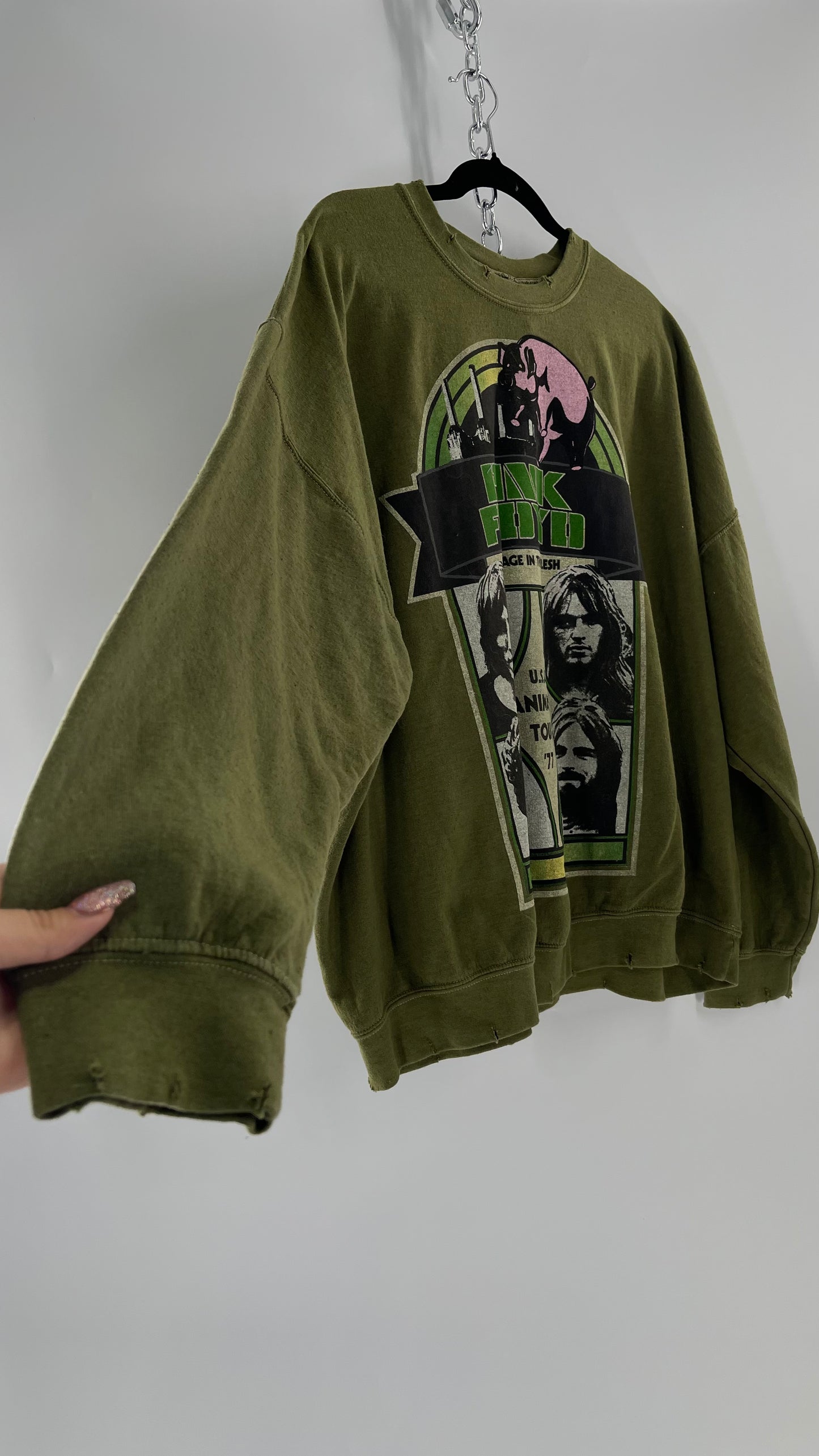 Vintage Green Graphic Pink Floyd Crewneck Knits with Distressed Neckline and Hems (L/XL)
