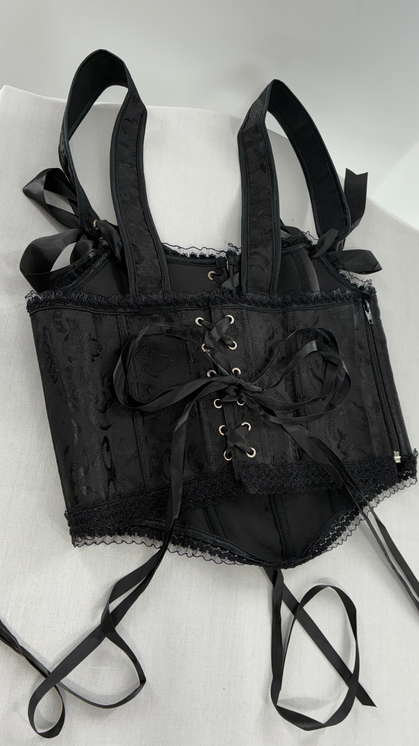 Custom Black Jacquard Corset, Handmade with Heart Appliqué, Bows, Embroidery, Gemstones, Lace and Ruffles (S/M)