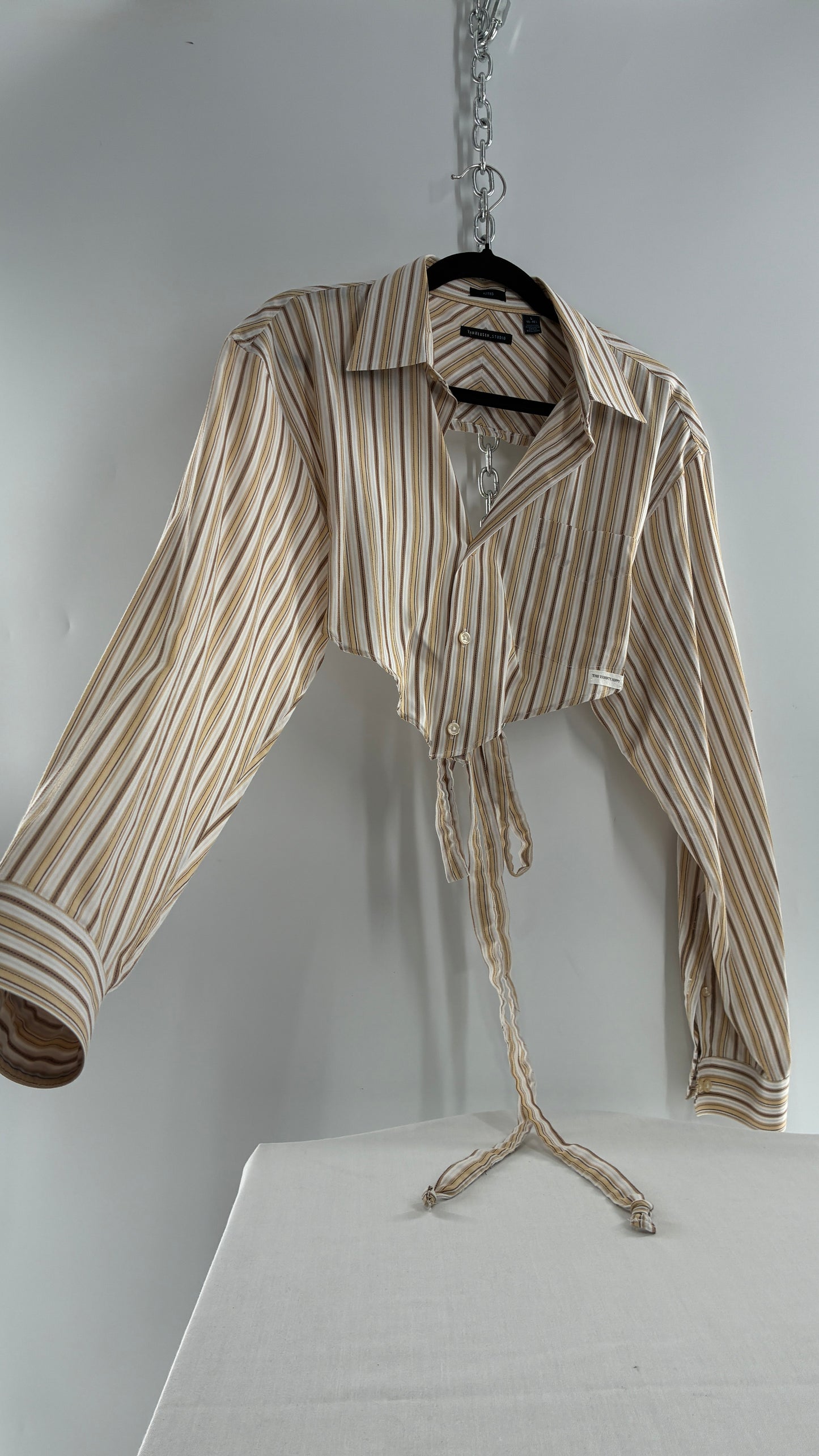 Vintage VAN HEUSEN Reworked Button Front Backless Mustard Yellow, Brown Striped Blouse (One Size)