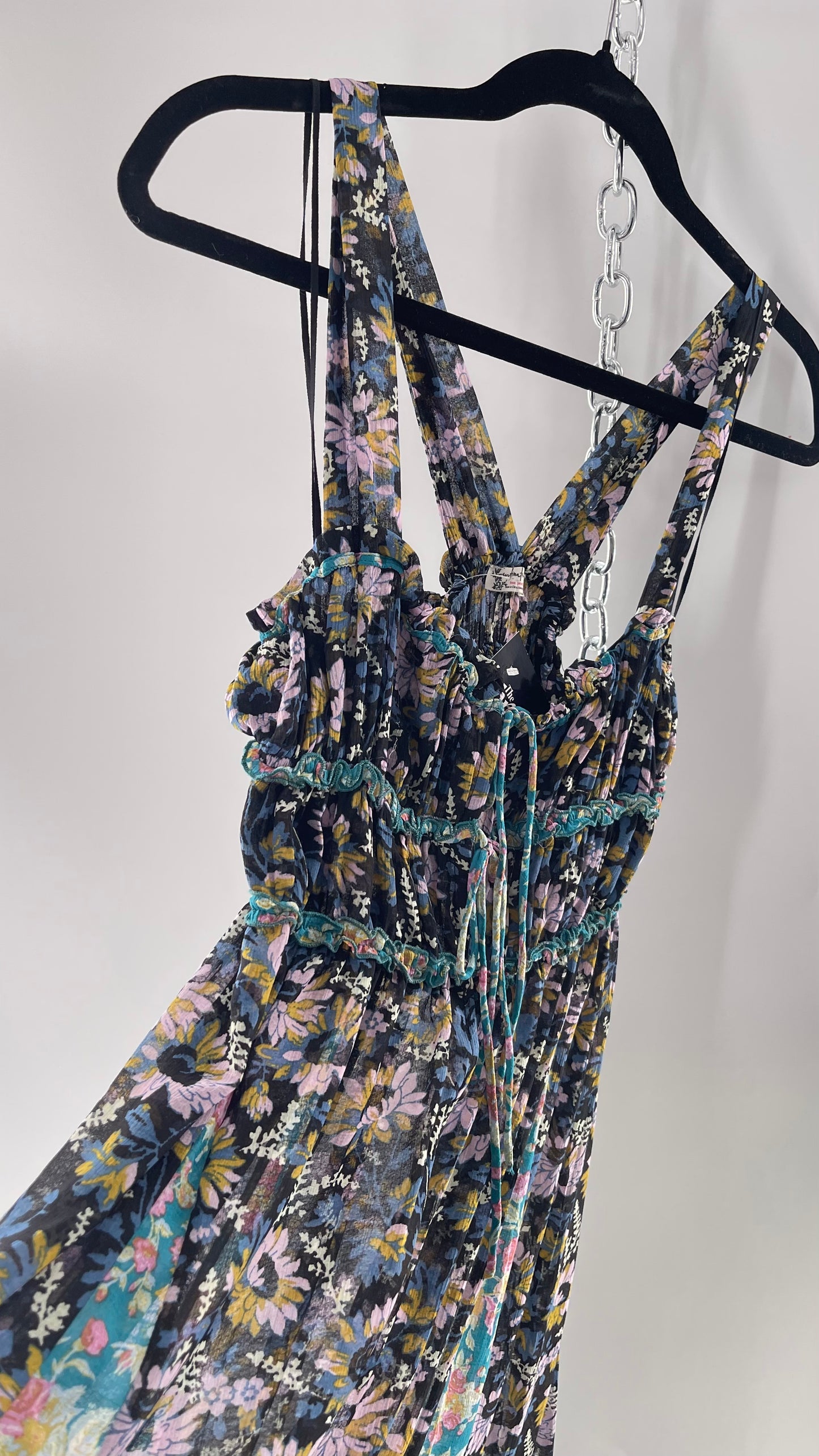 Intimately Free People Black and Teal Mixed Pattern Floral Maxi Dress with Tags Attached (XS)
