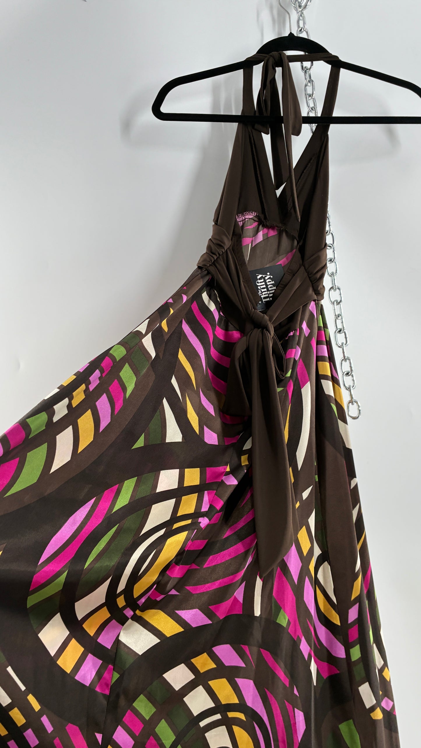 Vintage Candies Brown Patterned Gown with Belted Bust and Halter Neckline (Medium)