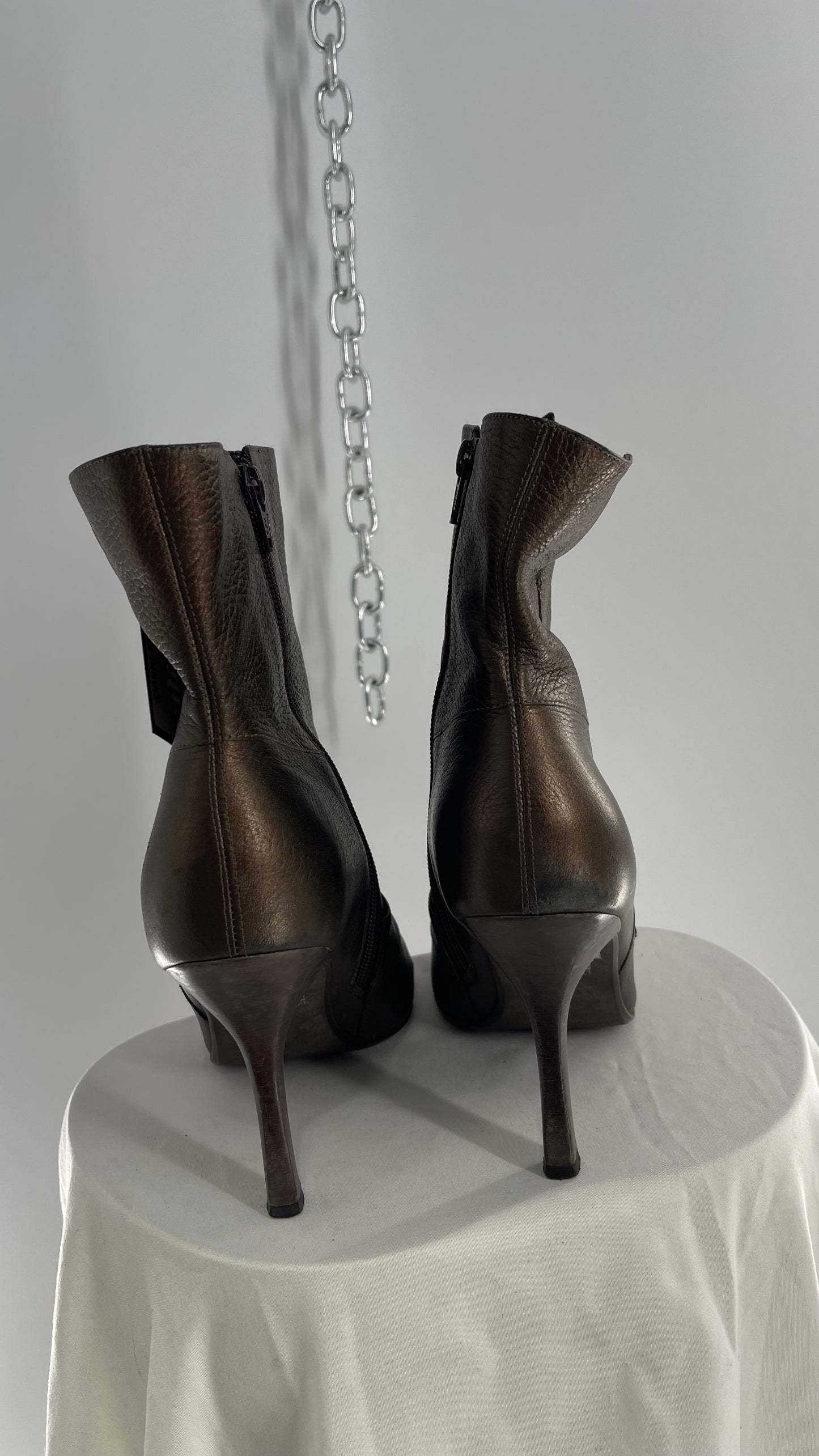 Vintage GIANNI Metallic Bronze Pointed Toe Buckle Strap Boots Made in Brazil (38)