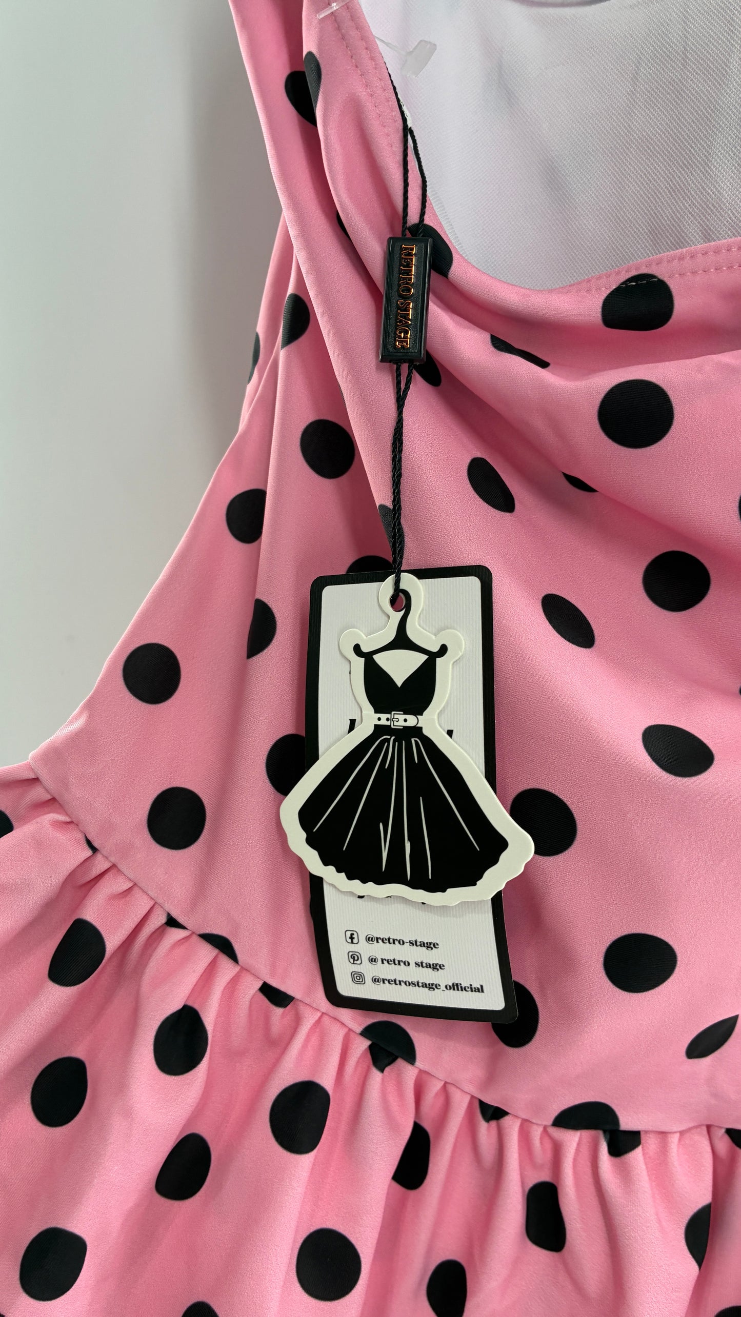 Vintage Retro Style Pink Polka Dotted Swim Dress with Ruffled Skirt and Underwire Bust (XL)