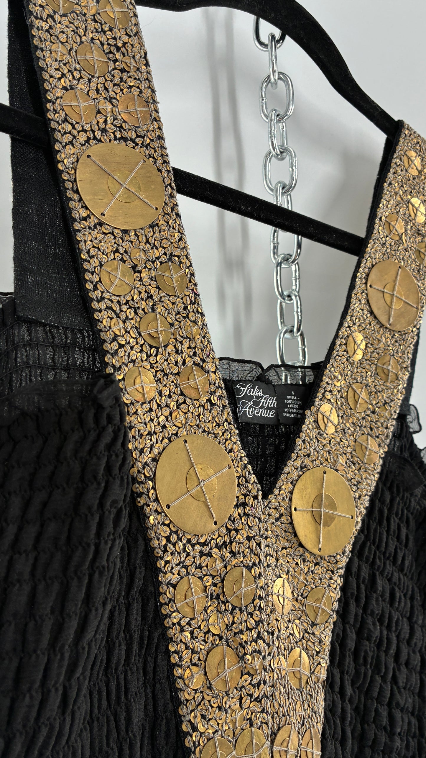 Vintage SAKS FIFTH AVENUE Black 100% Silk Camisole with Heavily Beaded Bronze Appliqué Strap (Small)