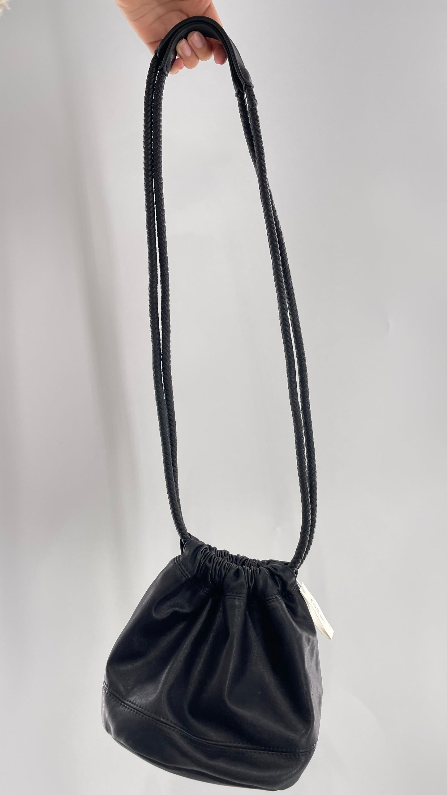 Urban Outfitters Black Adjustable Bucket Tank Vegan Leather Bag with Braided Handles