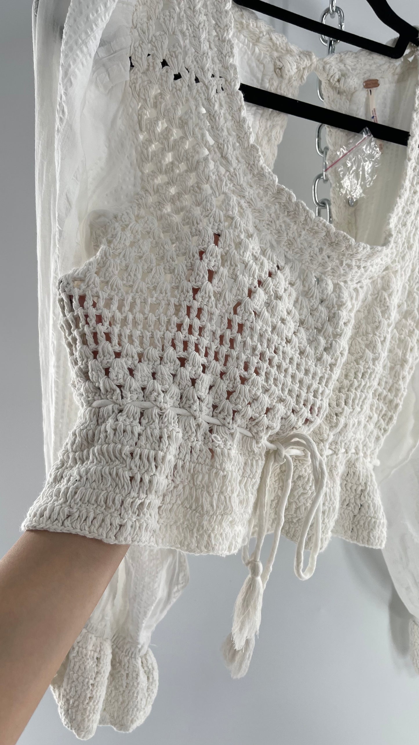 Free People White Megan Blouse with Crochet Knit Bodice and Open Back (XS)