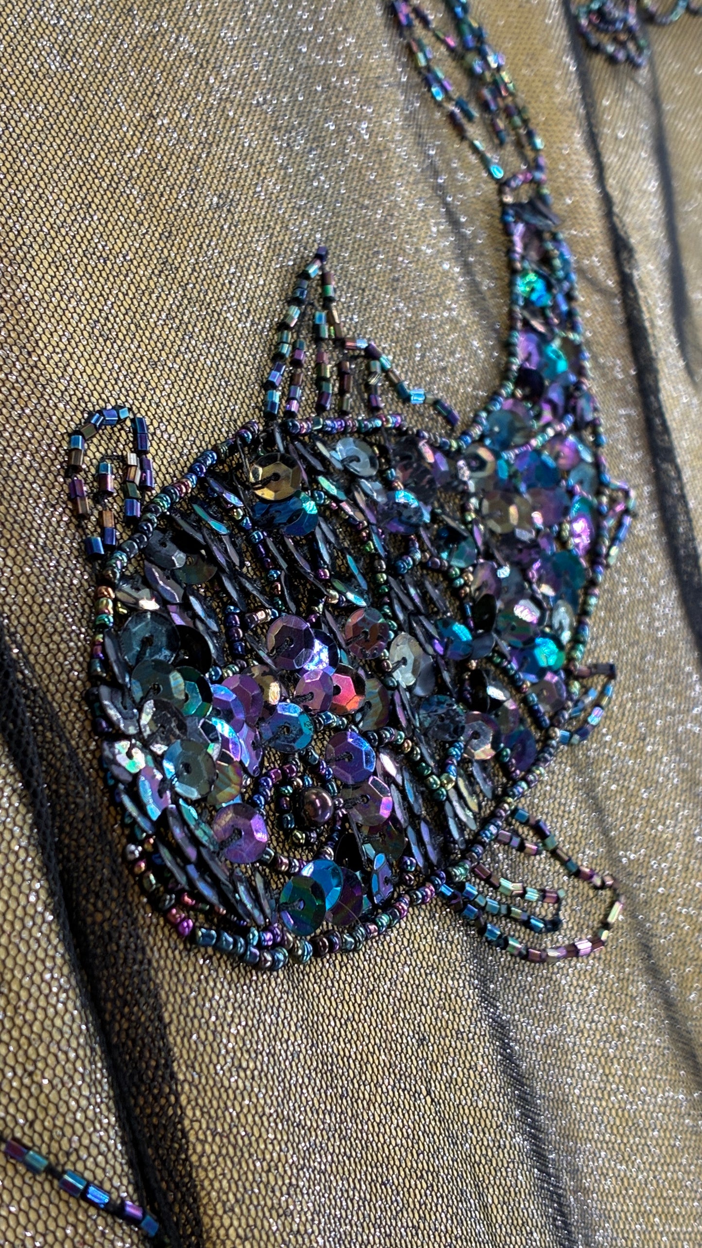 Vintage 1990s One of a Kind Handmade, Green Gown with Beaded Koi Fish, Metallic Tulle Overlay, and Symmetric Back (Medium)