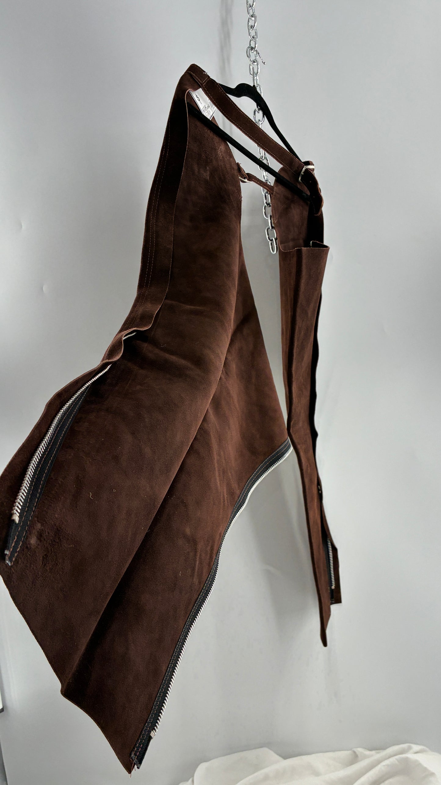 Vintage Chocolate Brown Genuine Suede Leather Chaps with Heavy Duty Side Zipper Detail (XS)