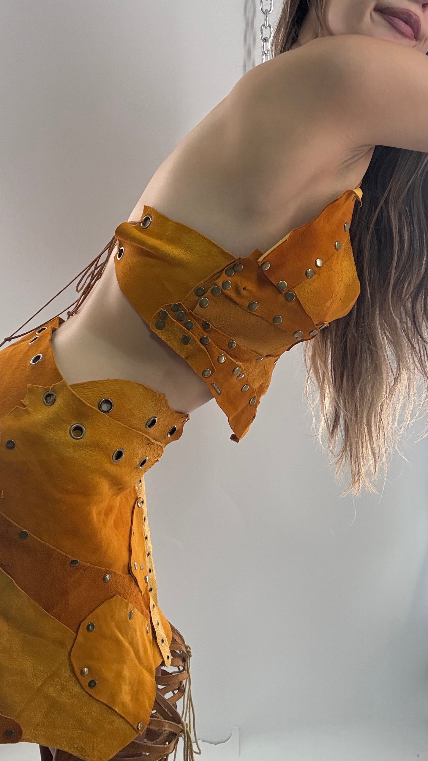 Handmade 1 of 1 and Pressed Genuine Suede and Pebbled Leather Reversible Corset Top and Grommet Skirt Set (XS-M)