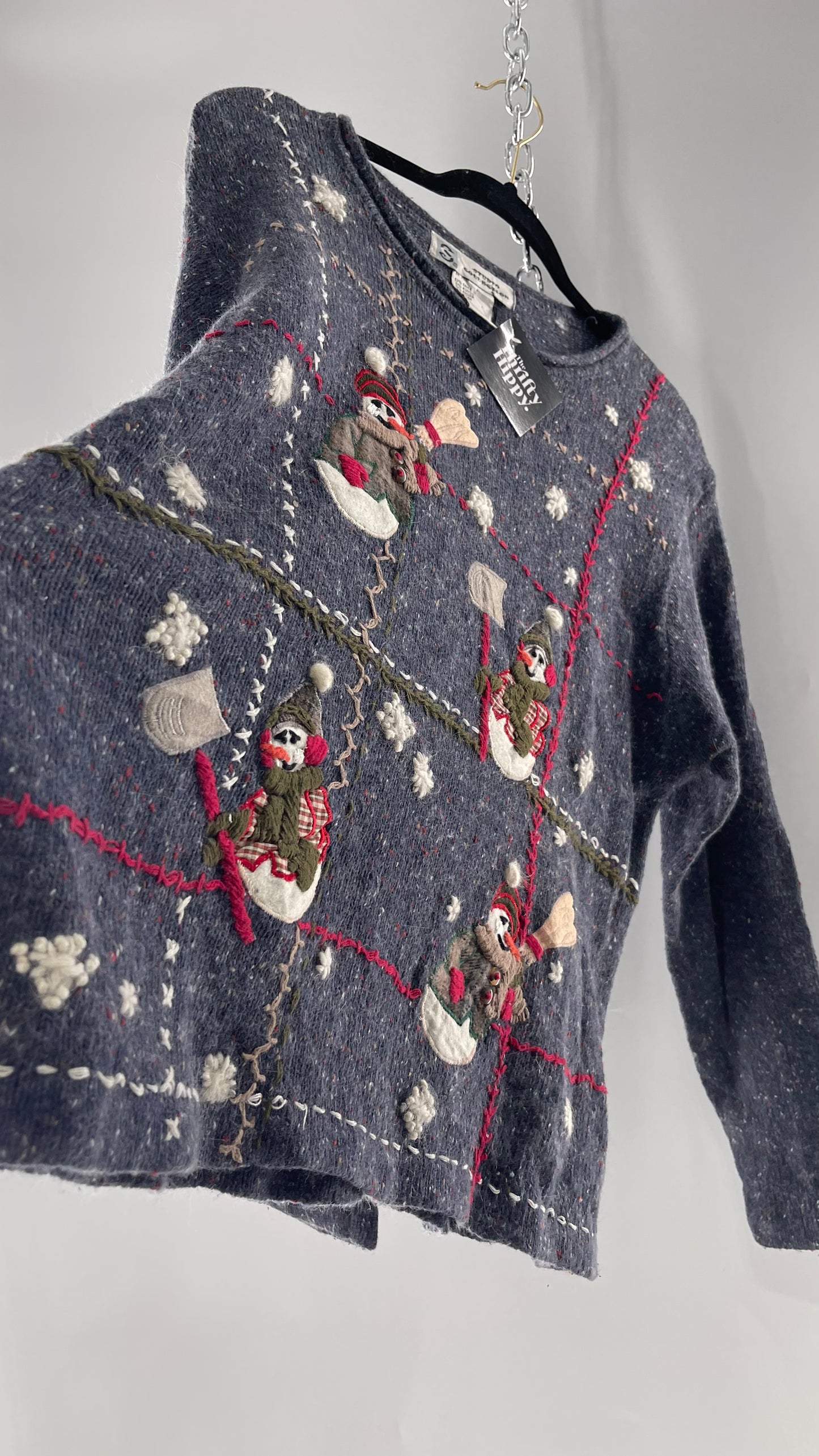 Vintage Urban Outfitters Christmas/Holiday Sweater with Festive Snowmen Snowflakes, and Contrast Stitch Detail (S)