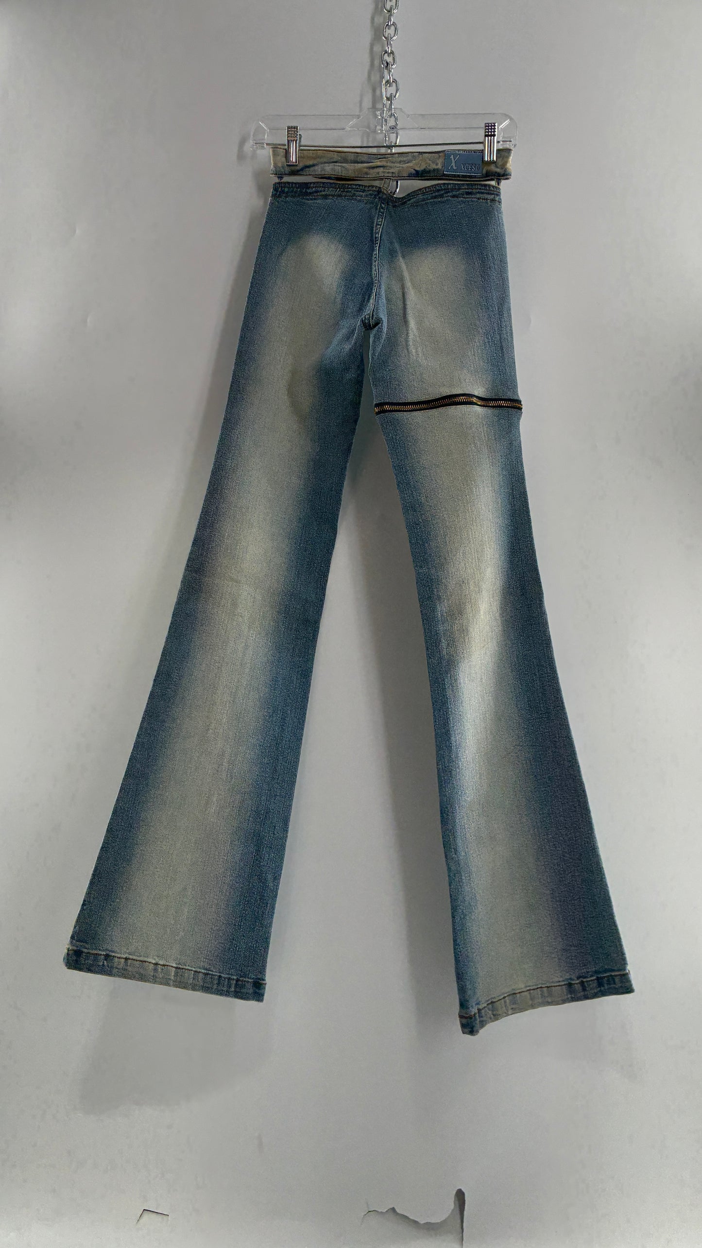 Vintage XCESO JEANS Rare Faded Double Waistband Kickflare Jeans with Functional Zipper Details (Medium*)