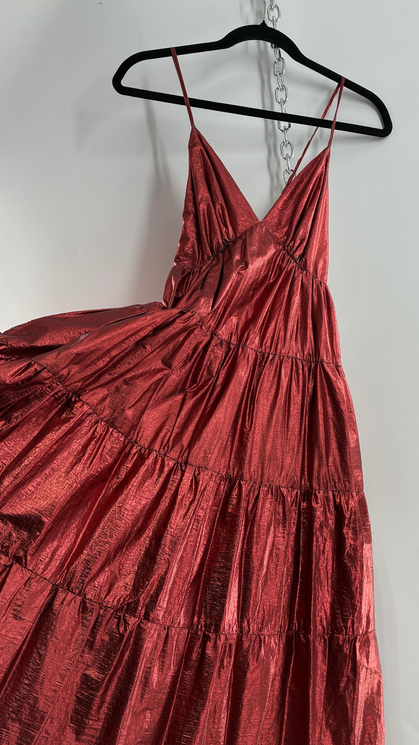 HUTCH Red Metallic Tiered Voluminous Maxi Gown (XS)