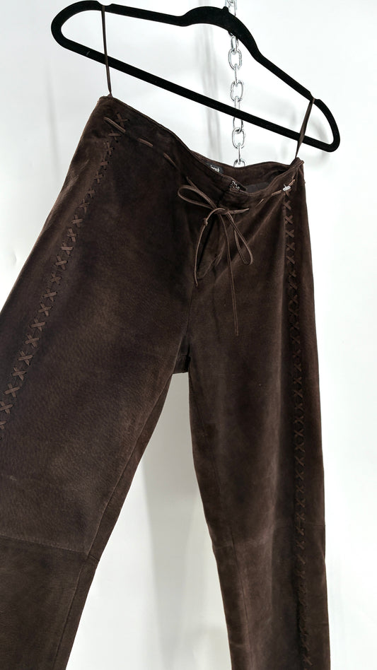 Vintage FOR JOSEPH Low Rise, Chocolate Brown Suede Pants with Leather Stitch Sides and Bow Closure (28)