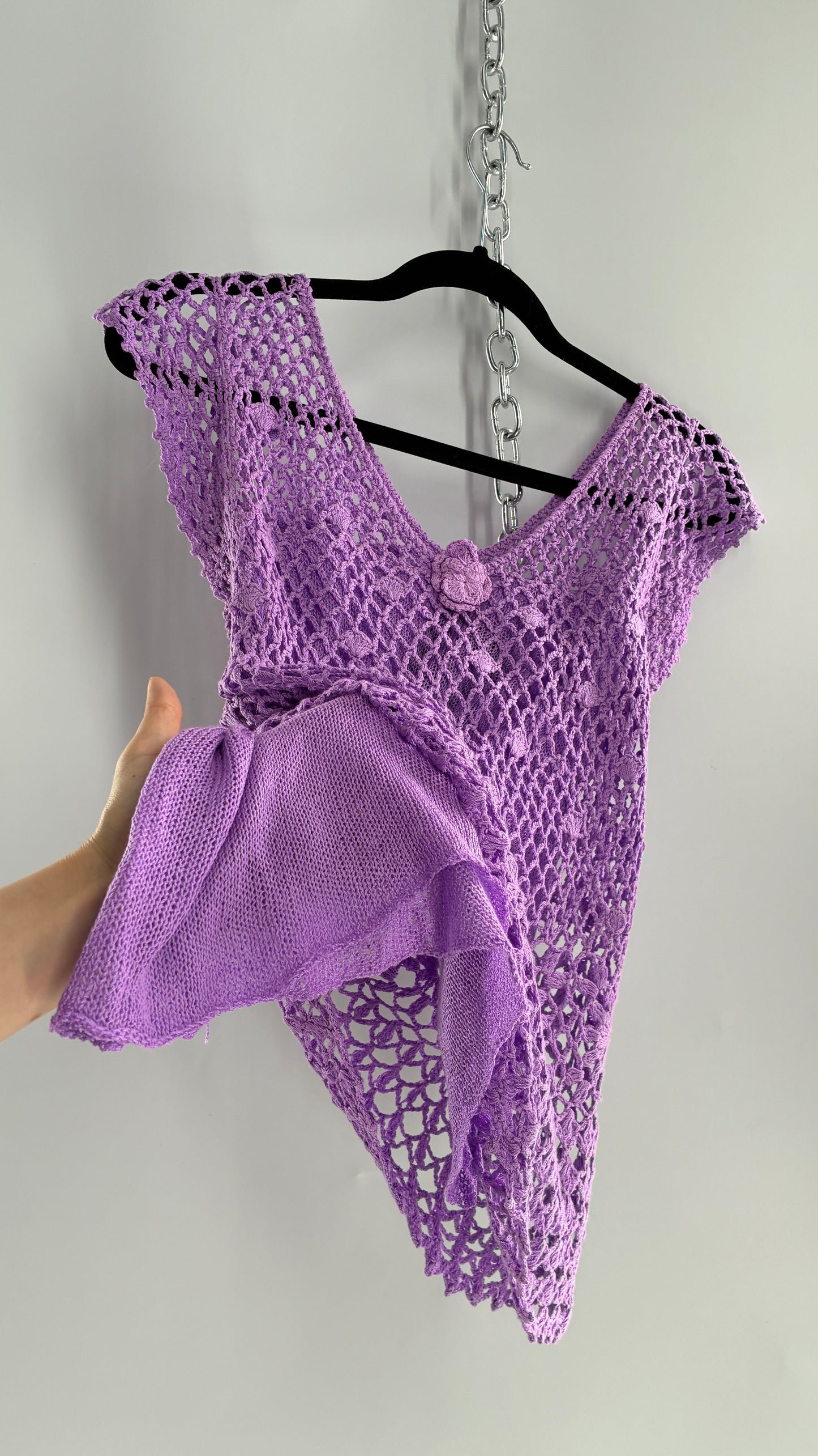 Vintage Lilac/Lavender Handmade Crochet Short Sleeve Double Layered Blouse with Rosette (S/M, stretchy)