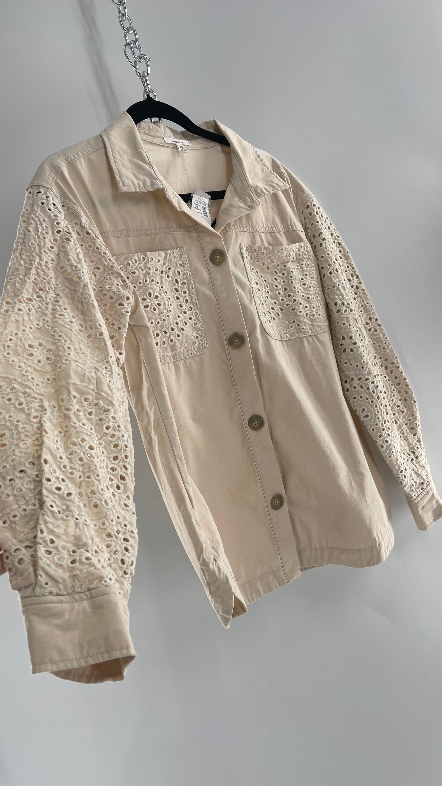 Maurices Anthropologie Beige Cotton Button Up with Eyelet Lace Sleeves and Pockets with Tags Attached (XS)