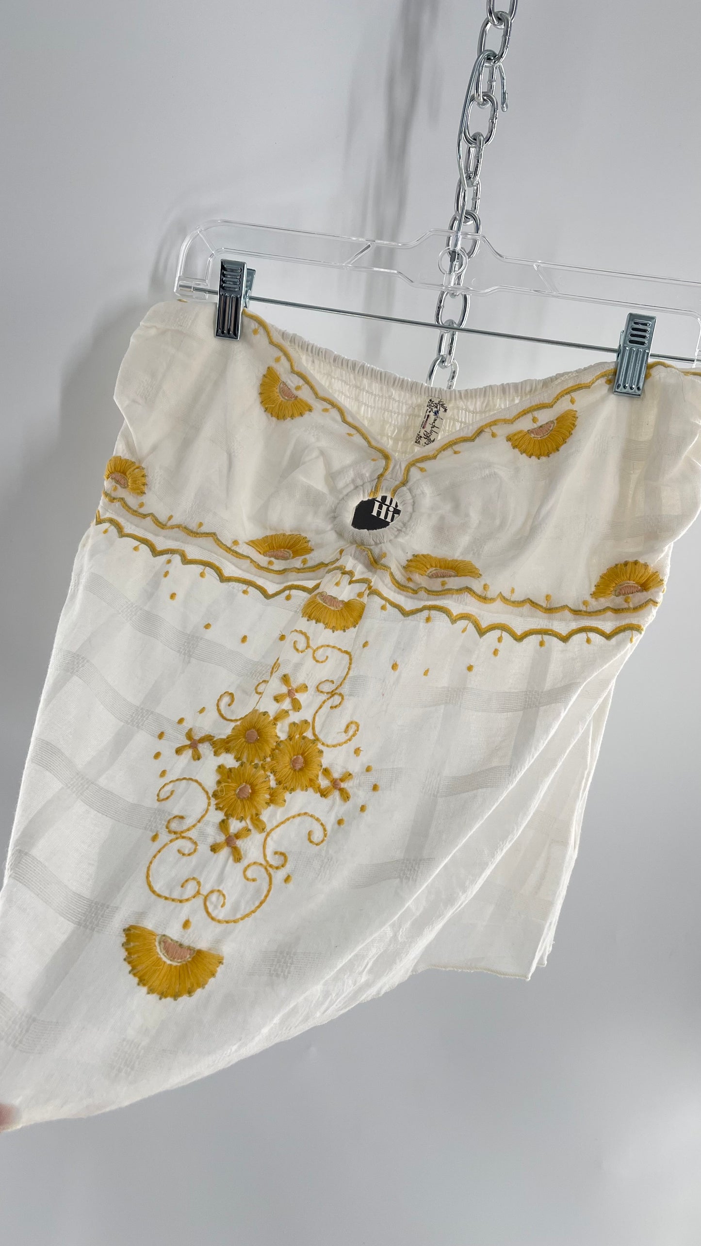 Intimately Free People White Cotton Tube Tank with Yellow Embroidered Detailing (L)