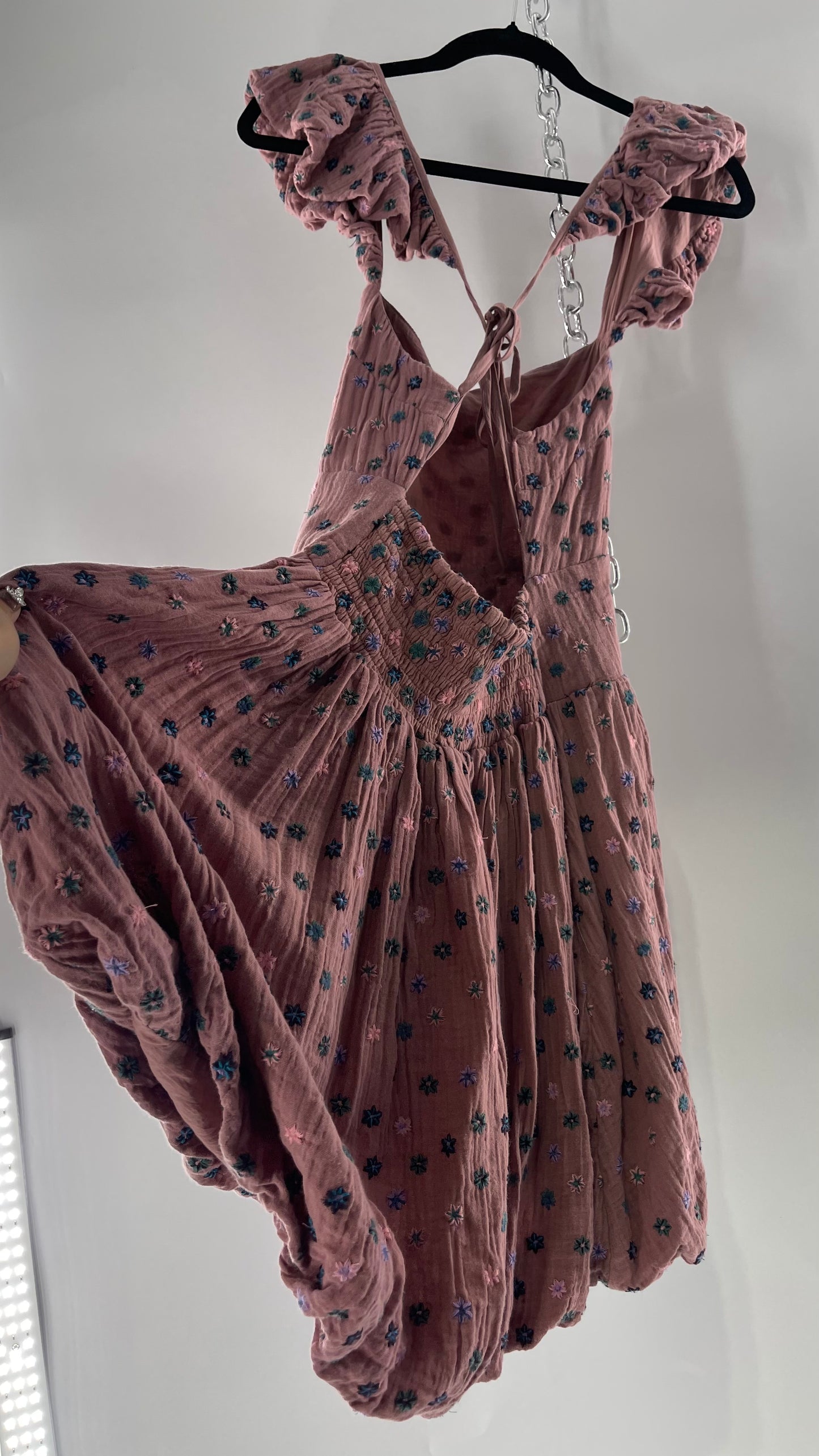 Free People Dusty Pink Embroidered Flowers Backless Mini Dress (Small)