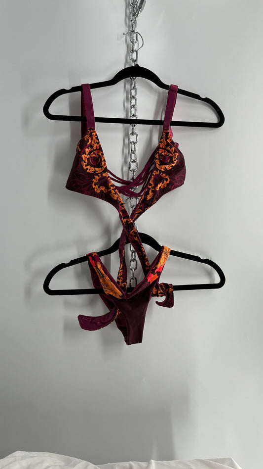 Vintage ONEONE Reversible Dragon, Sequin Ruched Tanga, Tie Around Swim Suit (Small)