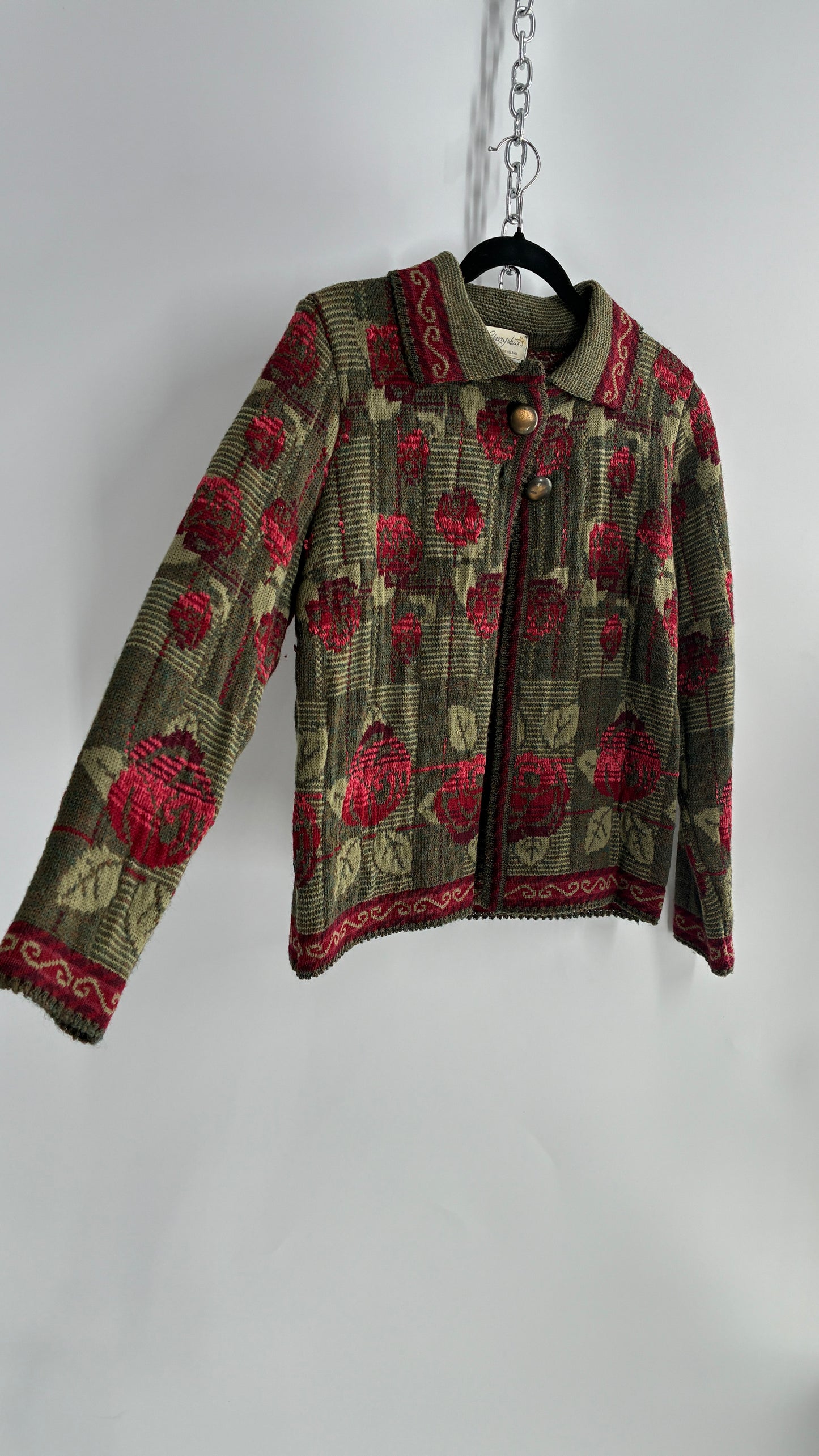 Vintage Cherry Lewis Made in England 81% Wool Thick Knit Sweater Jacket with Rosettes (Small)