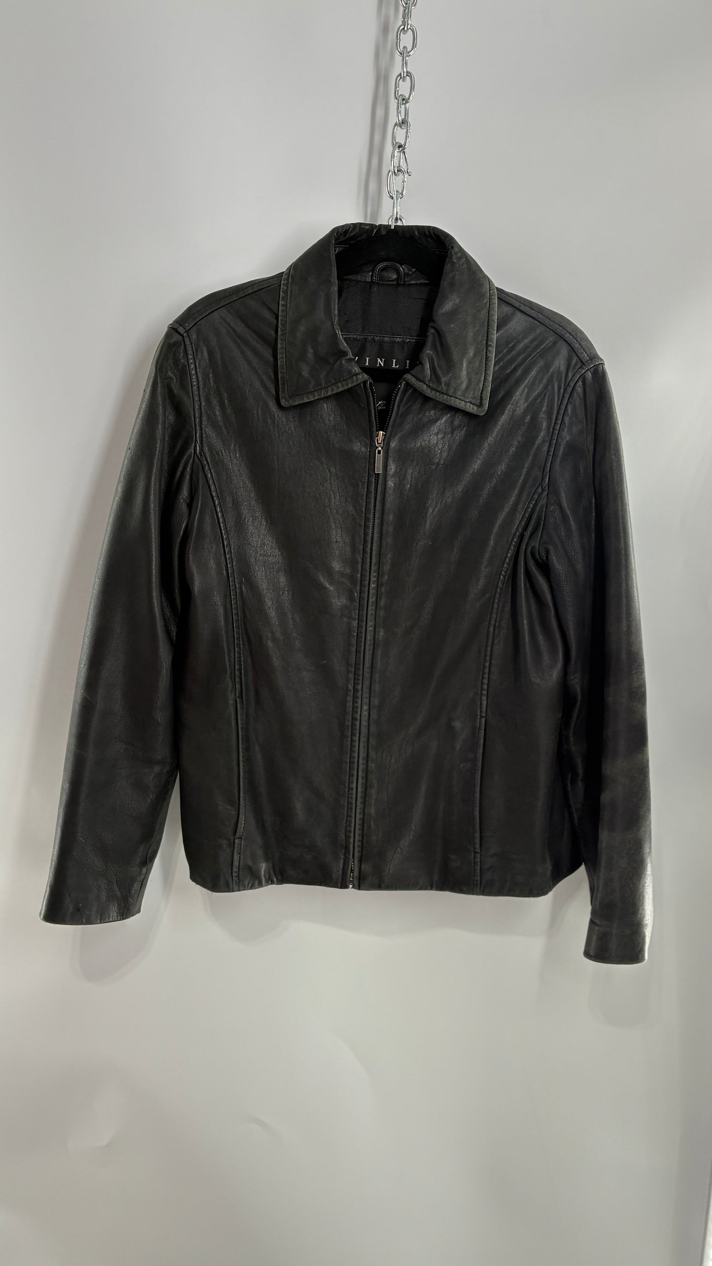 Vintage WINLIT New York Black Leather Collared Zip Front Paneled Jacket (Large)