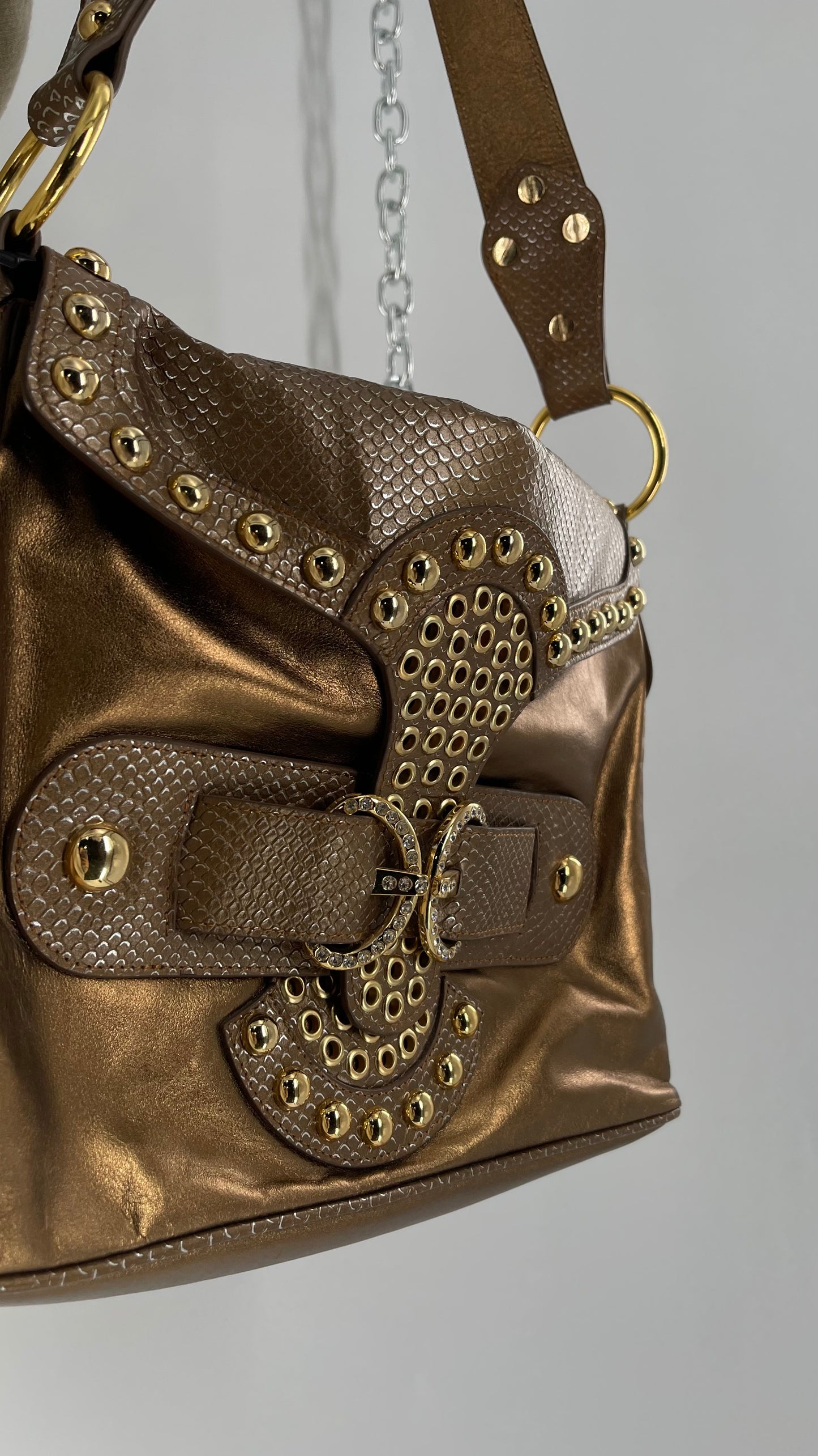 Deadstock Vintage The Find Grandeur Bronze Bag with Grommets, Gemstones, Studs and Exaggerated Buckle