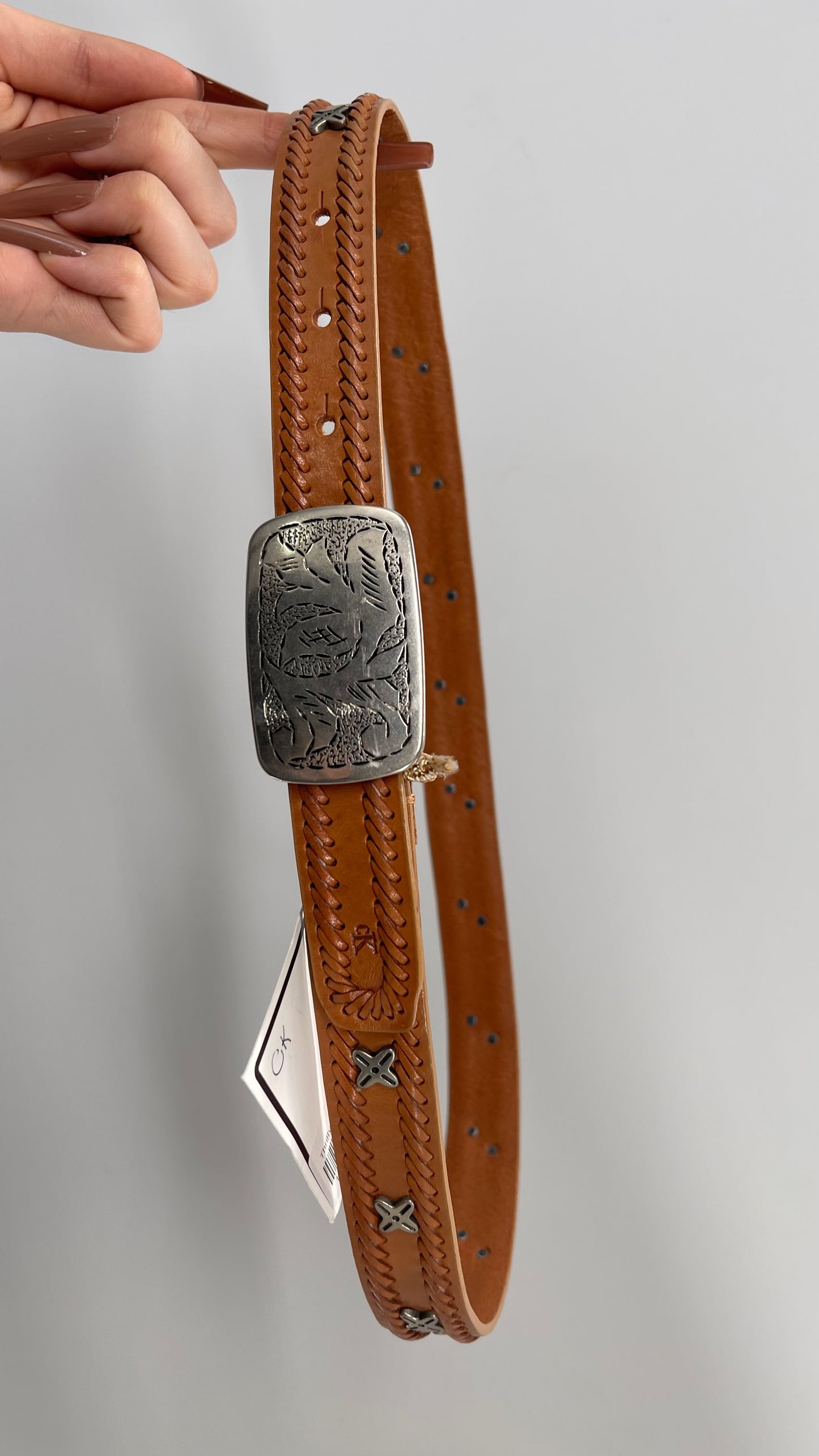Vintage Calvin Klein Engraved Buckle, Woven Leather Rodeo Belt (Small)
