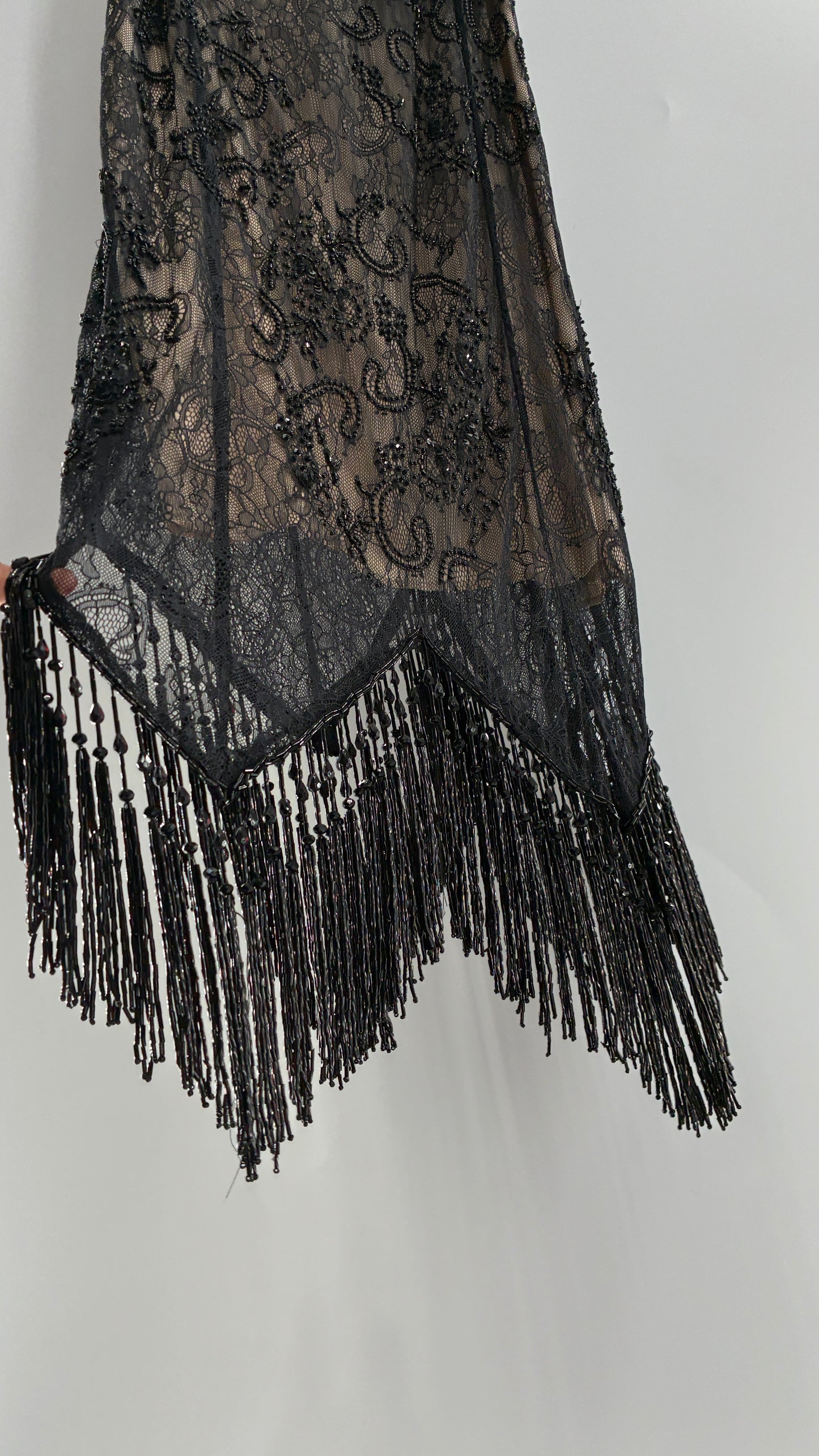 Vintage Haute Hippie Black Lace Nude Underlay Dress with Pointed Heavily Beaded Fringe Hem (2)